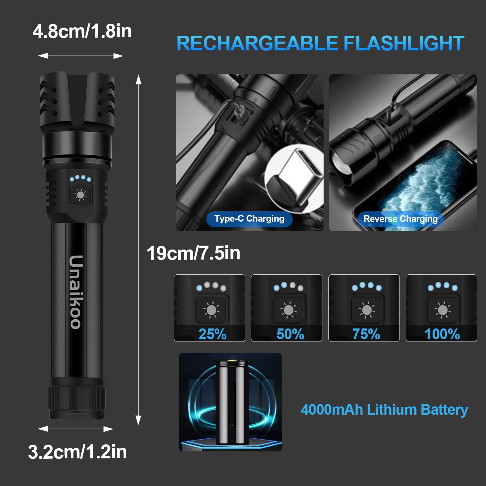 Unaikoo 10000LM Rechargeable Tactical Flashlight - Waterproof, Zoomable, Aluminum, Black, Model D-2403