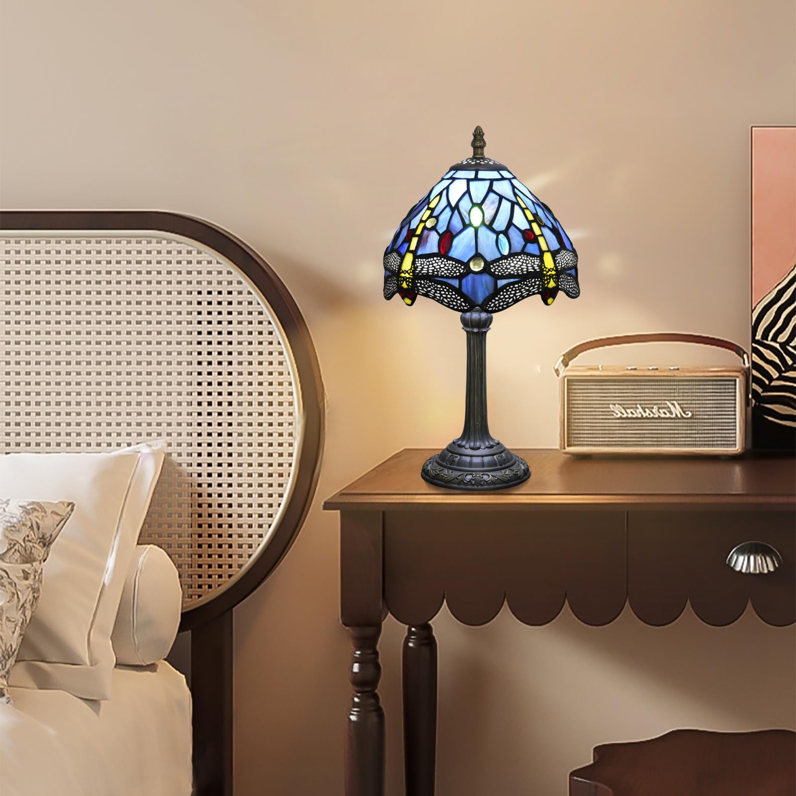 Wecrejoni Tiffany Lamp Stained Glass Lamp Small Bedside Table Lamps For Living Room Bedroom Dorm Kitchen Home Decor Festival Birthday Gift Dragonfly