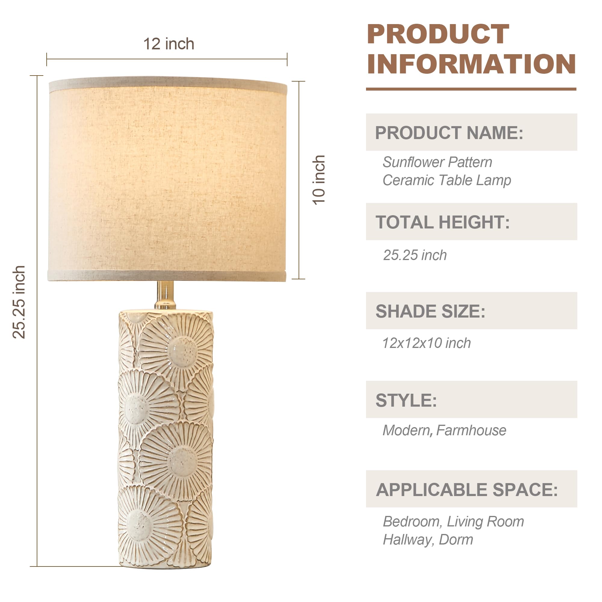 Dggdome 25.25'' White Flower Ceramic Table Lamps Set Of 2, Farmhouse Boho Modern Sunflower Pattern, Large Beige Table Lamps For