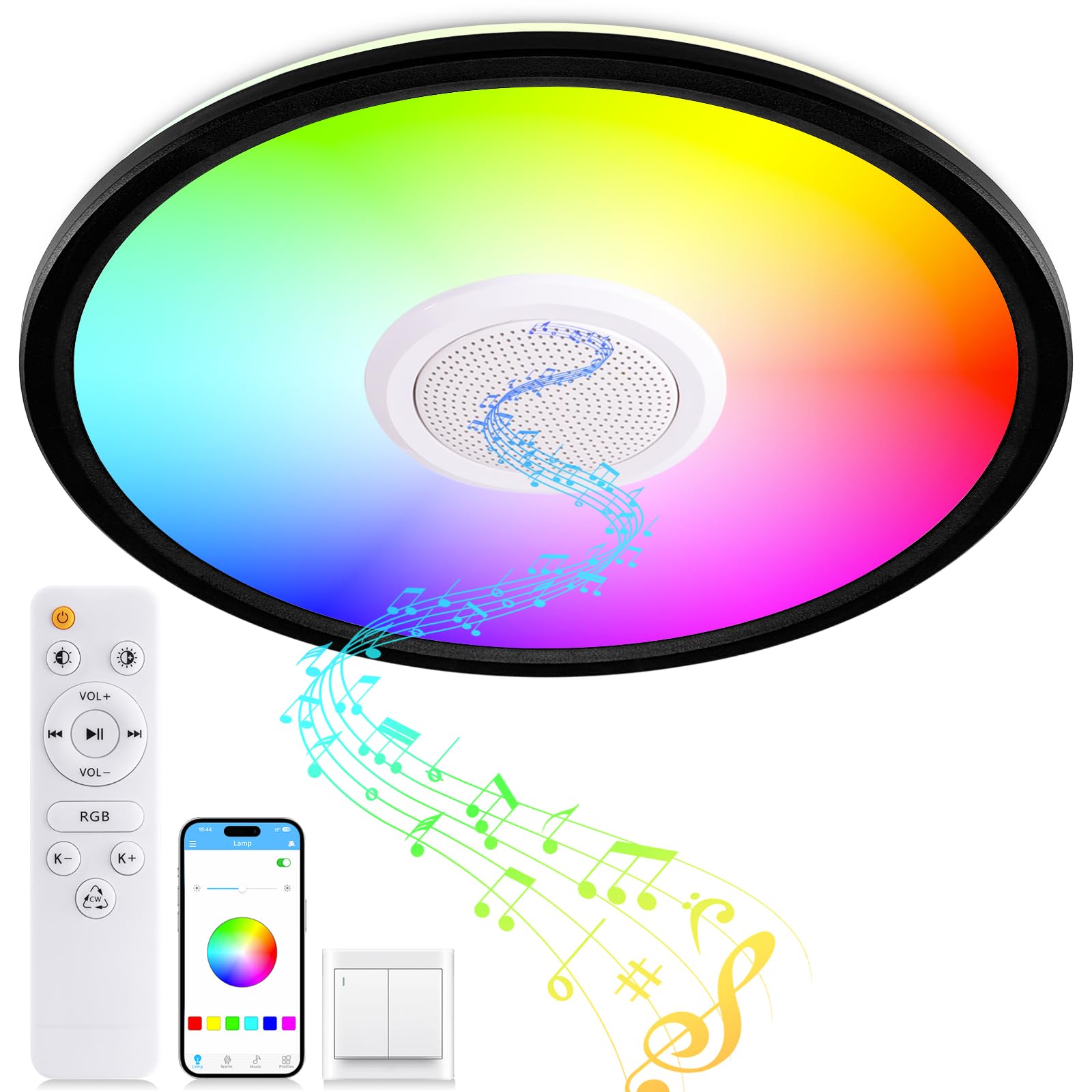 Uprizep Rgb Led Ceiling Light  With Bluetooth Speaker  24W 12Inch Smart Music Ceiling Lamp With App And Remote Control  3000K-6500K Color Changing Lights Fixture For Child Bedroom Bathroom  Black