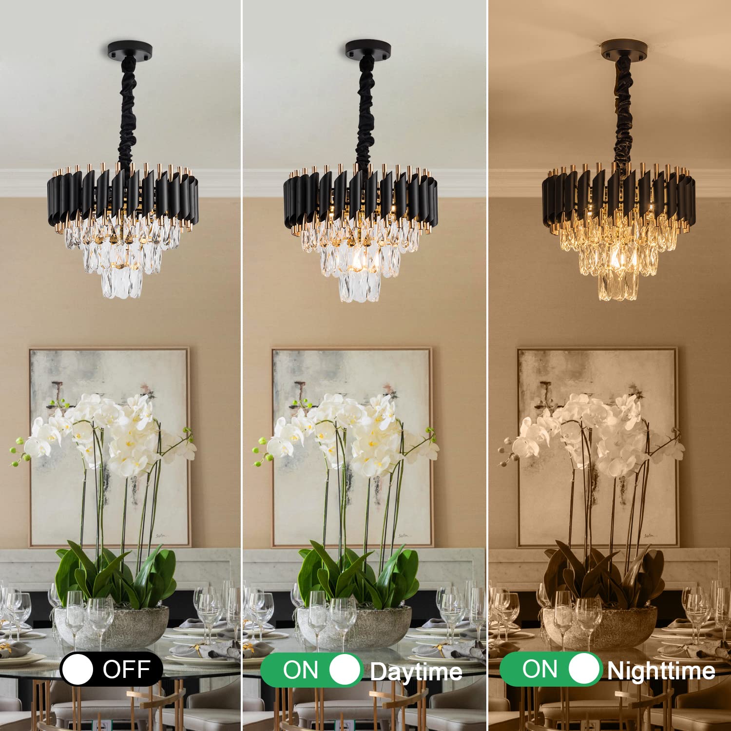 lighceac 15" 5-Light Modern Crystal Chandelier - Black Gold 3-Tier Luxury Pendant Lighting for Dining Room, Living Room, Kitchen