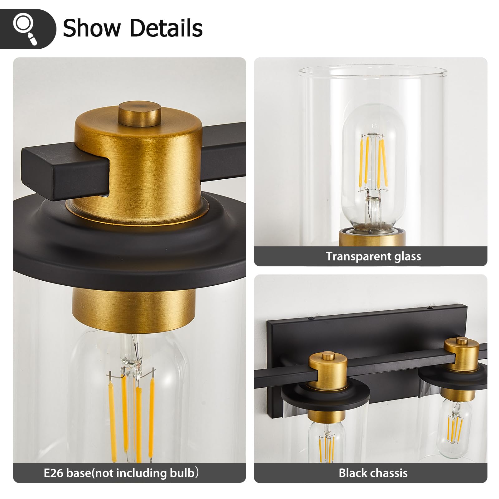 Stambord Bathroom Vanity Light, 6 Light Black and Gold Fixtures, Glass Shade, Model B50