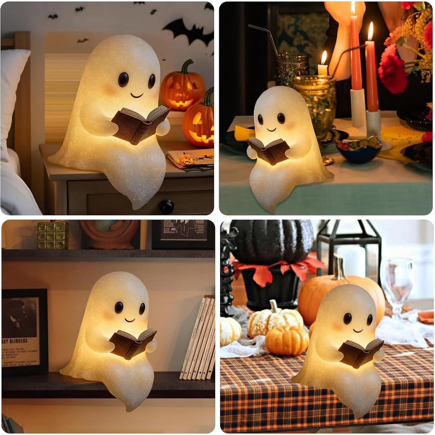 XUANDOH Ghost Reading Book Lamp, Ghost Lamp Halloween Cute 3D LED Night Light, Light Up Ghost Statue Night Light House Mantel De