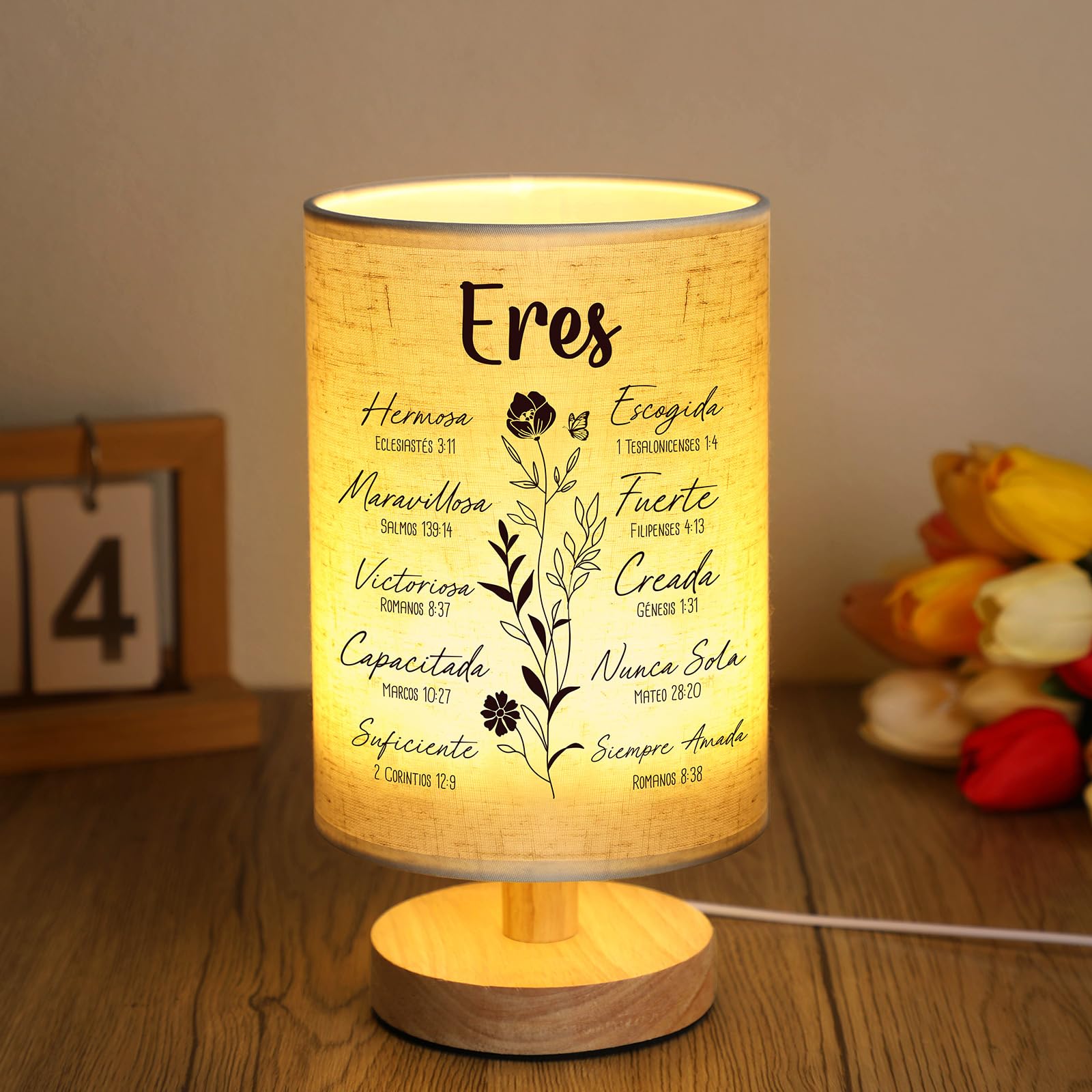 Kittmip Table Lamp, Fabric Night Light with Bible Verse, Flax Color, Model MOO-Kittmip-0599