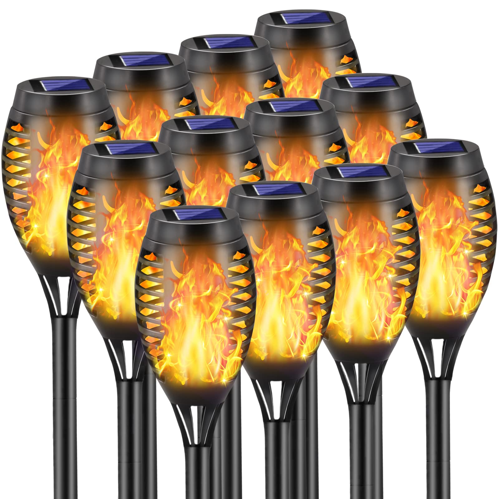 Cocomox 12 Pack Solar Torch Lights - Waterproof Flickering Flame Tiki Torches For Garden Pathway