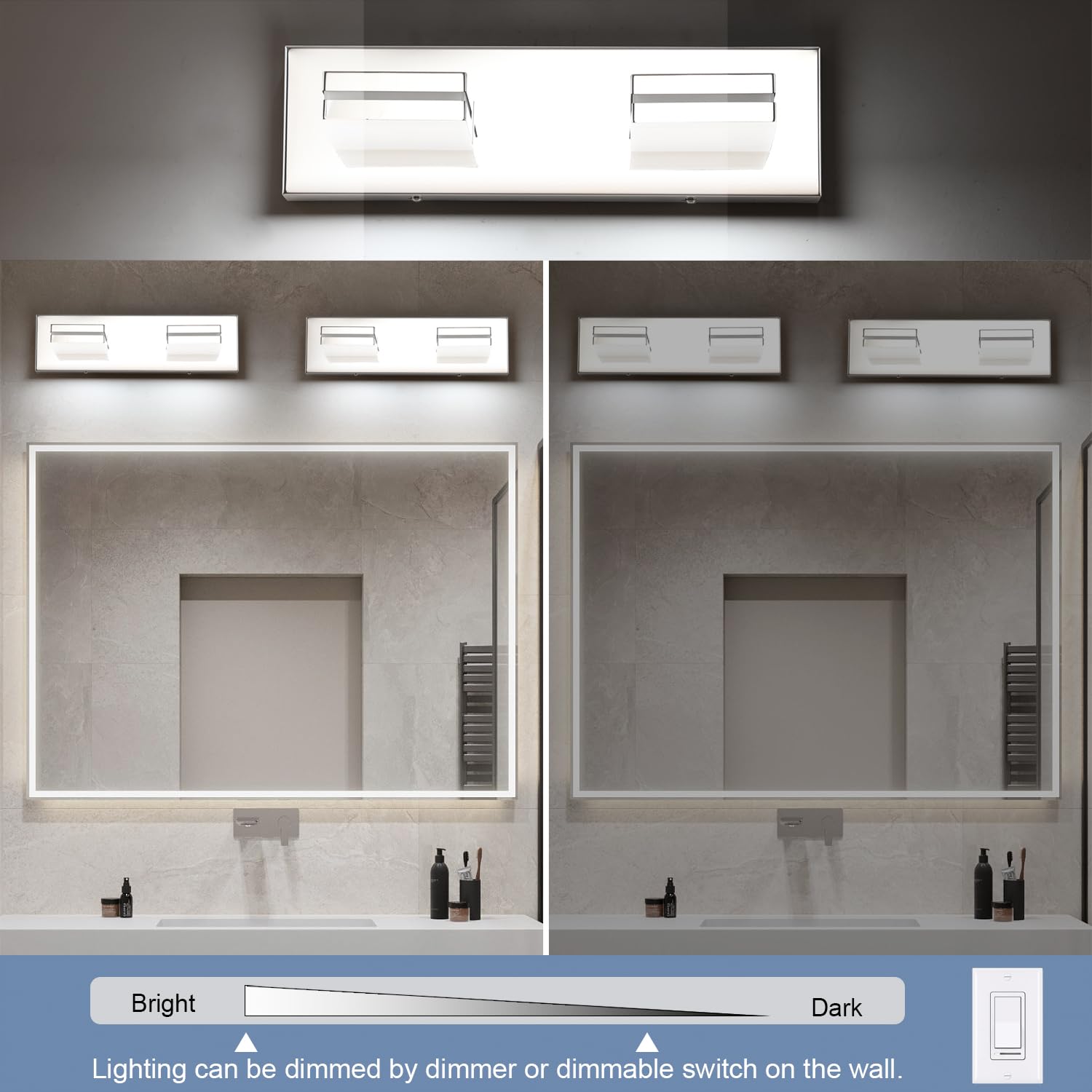 SineRise LED Bathroom Vanity Light Fixture, 2-Light, 15.5-Inch, Dimmable, Chrome, Acrylic, Model H0001-17
