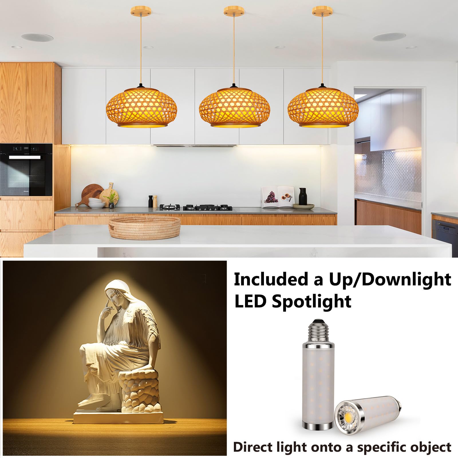 Yiizon Pendant Light Rattan Hanging Lights With Up/Downlight Led Spotlight Bamboo Hanging Lamp, Handmade Woven Boho Wicker Basket Lamp Shade Ceiling Light Fixture For Living Room Bedroom Kitchen