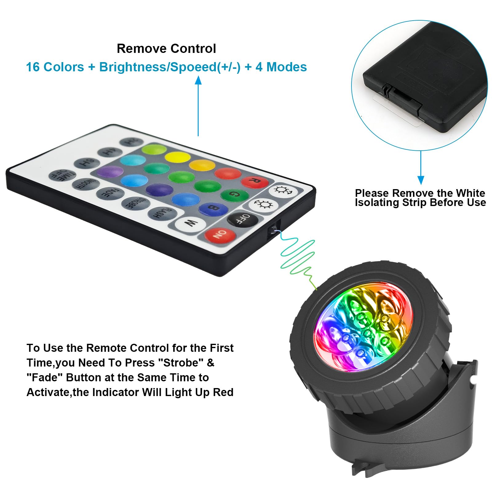 T-SUN Submersible LED Pond Light - 3 Head RGB Lamps with Remote Control, Model TS-F2210, 3-IN-1, Color F2210-RGB