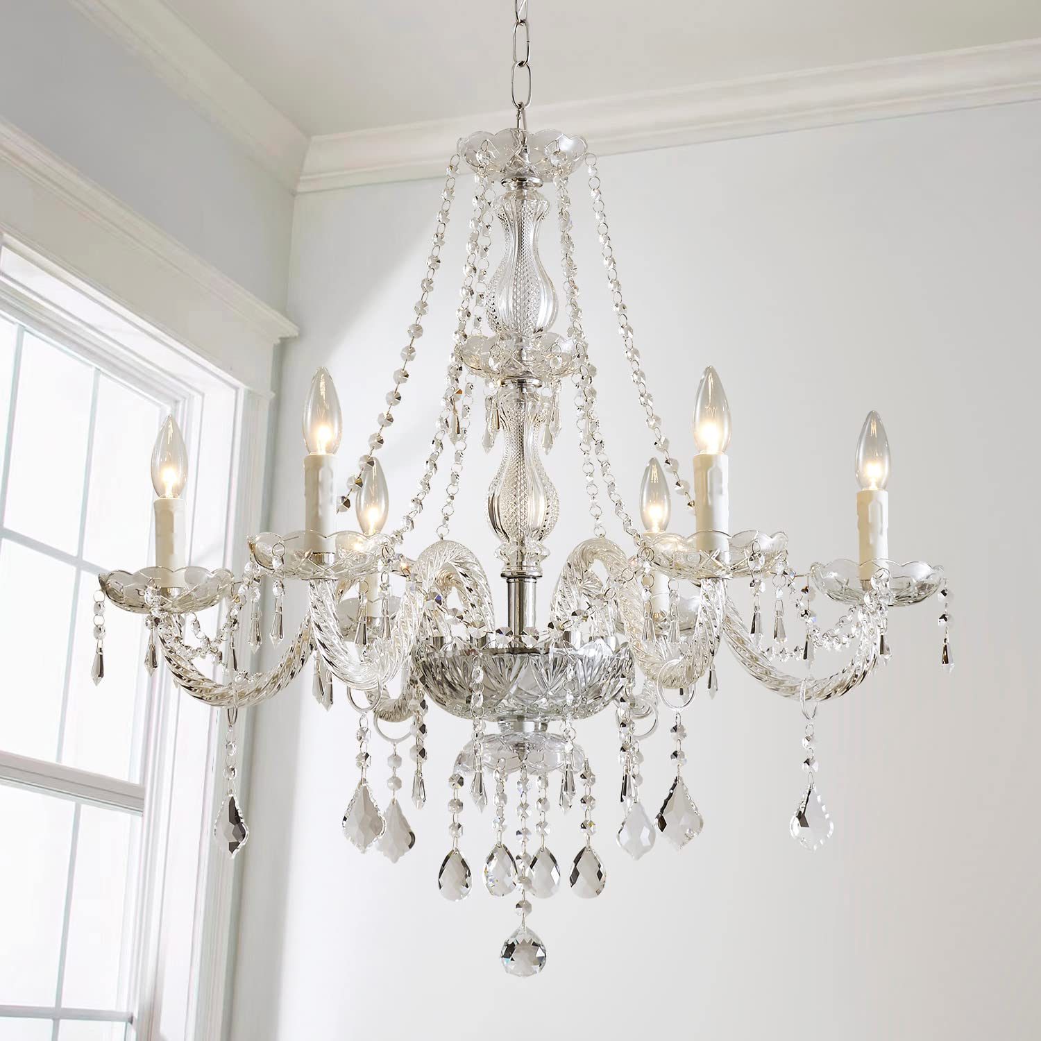 SM Saint Mossi 6 Light Modern K9 Crystal Chandelier Pendant Lamp, Clear Color for Dining Room, Bathroom, Bedroom, Living Room