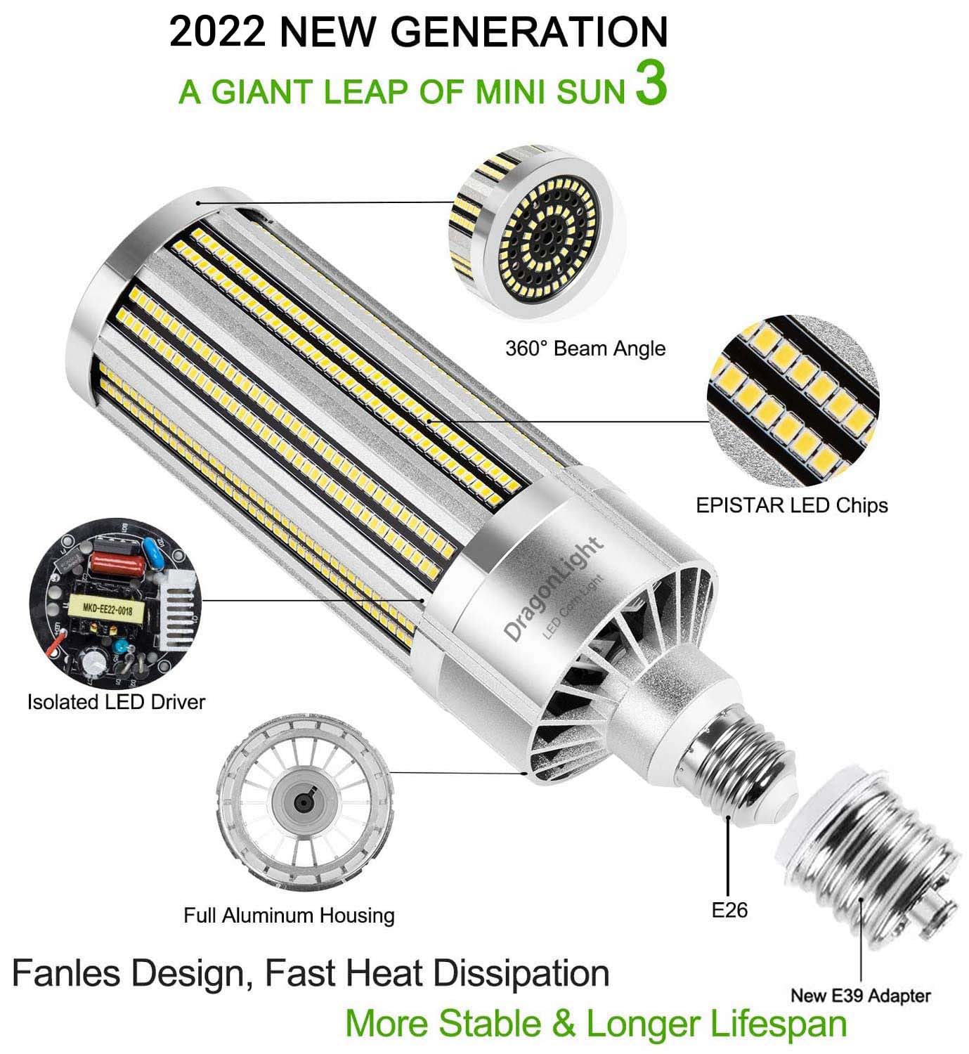 Dragonlight 80W Commercial Grade Corn Led Light Bulb Fanless(600 Watt Equivalent) E26/E39 Large Mogul Base Led Lamp 3000K Warm W