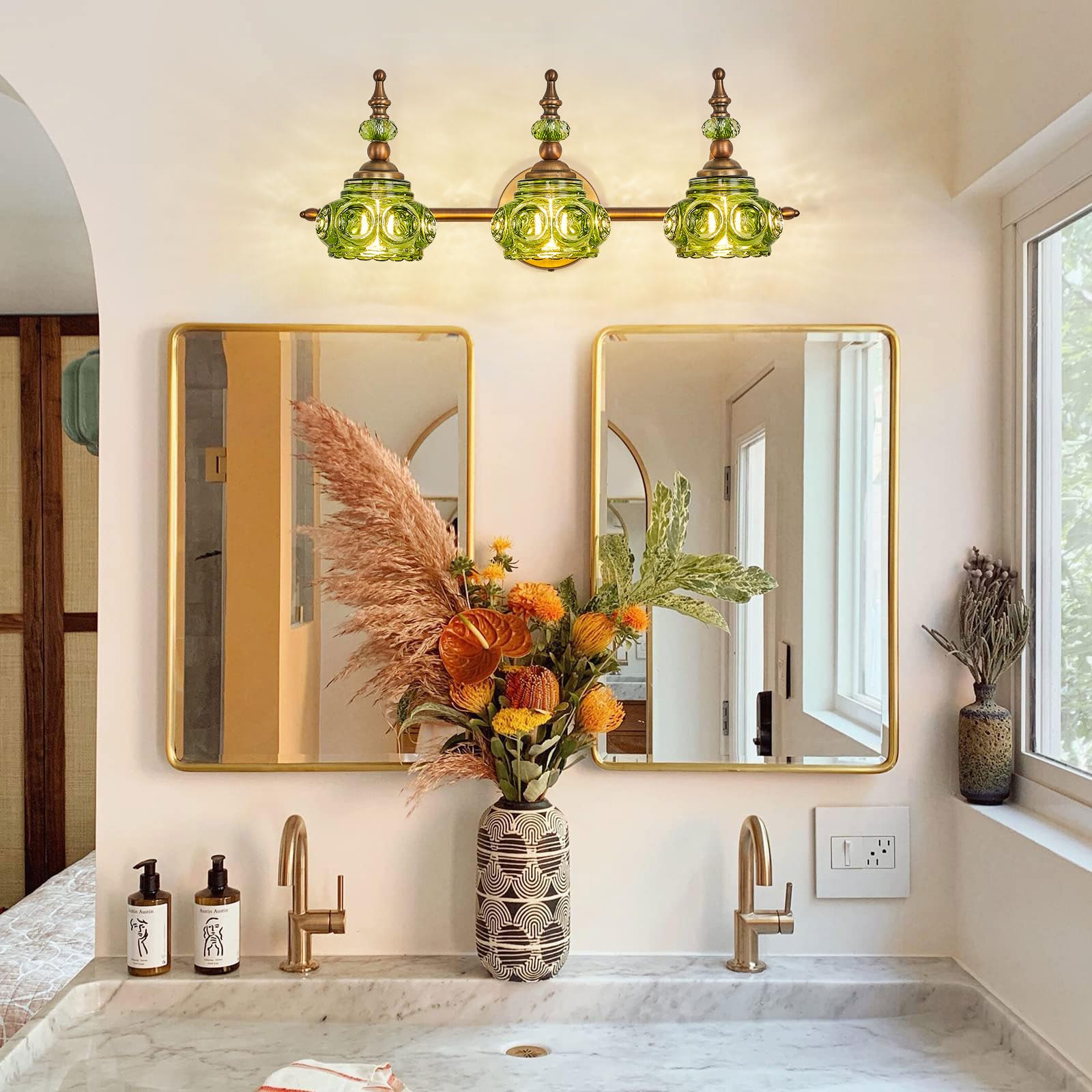 ZILANL 3-Light Vintage Bathroom Vanity Light Fixture, Modern Brass Sconces with Green Glass Shade, CLLZ-3