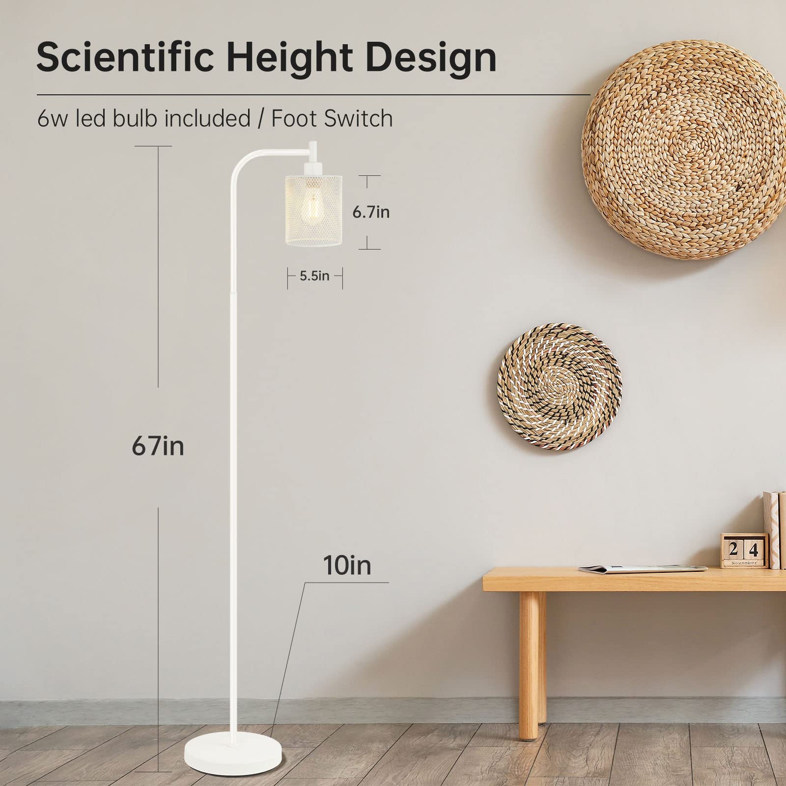 BoostArea 67 Inch Industrial Floor Lamp, Modern Metal Stand with Iron Mesh Lampshade, Gold, Model B1003