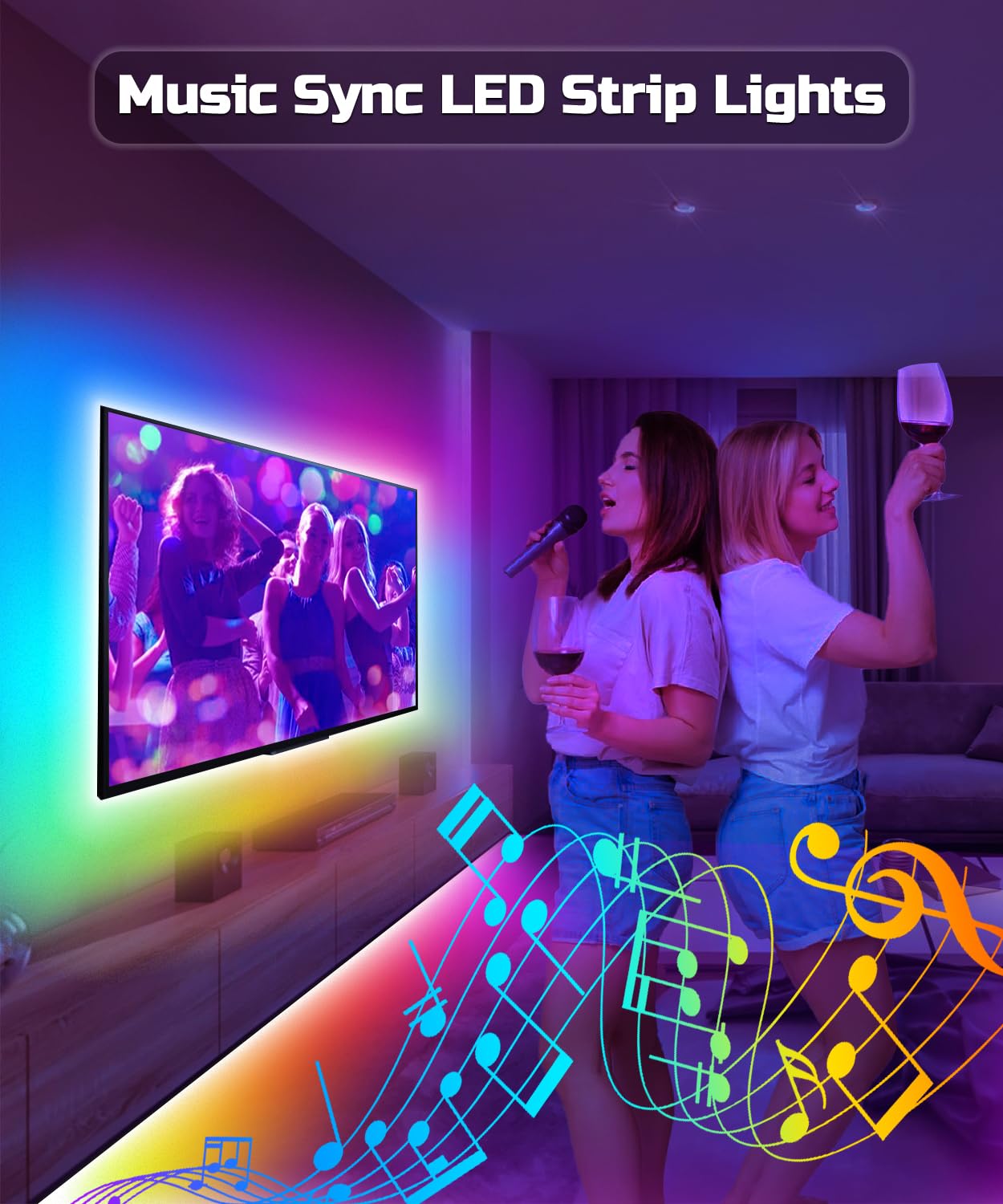 Dtqj Icrgb Tv Led Backlight, 9.84Ft Led Lights For 32-43Inch Tv, Music Sync Color Changing, With App And Remote Control, Usb Pow