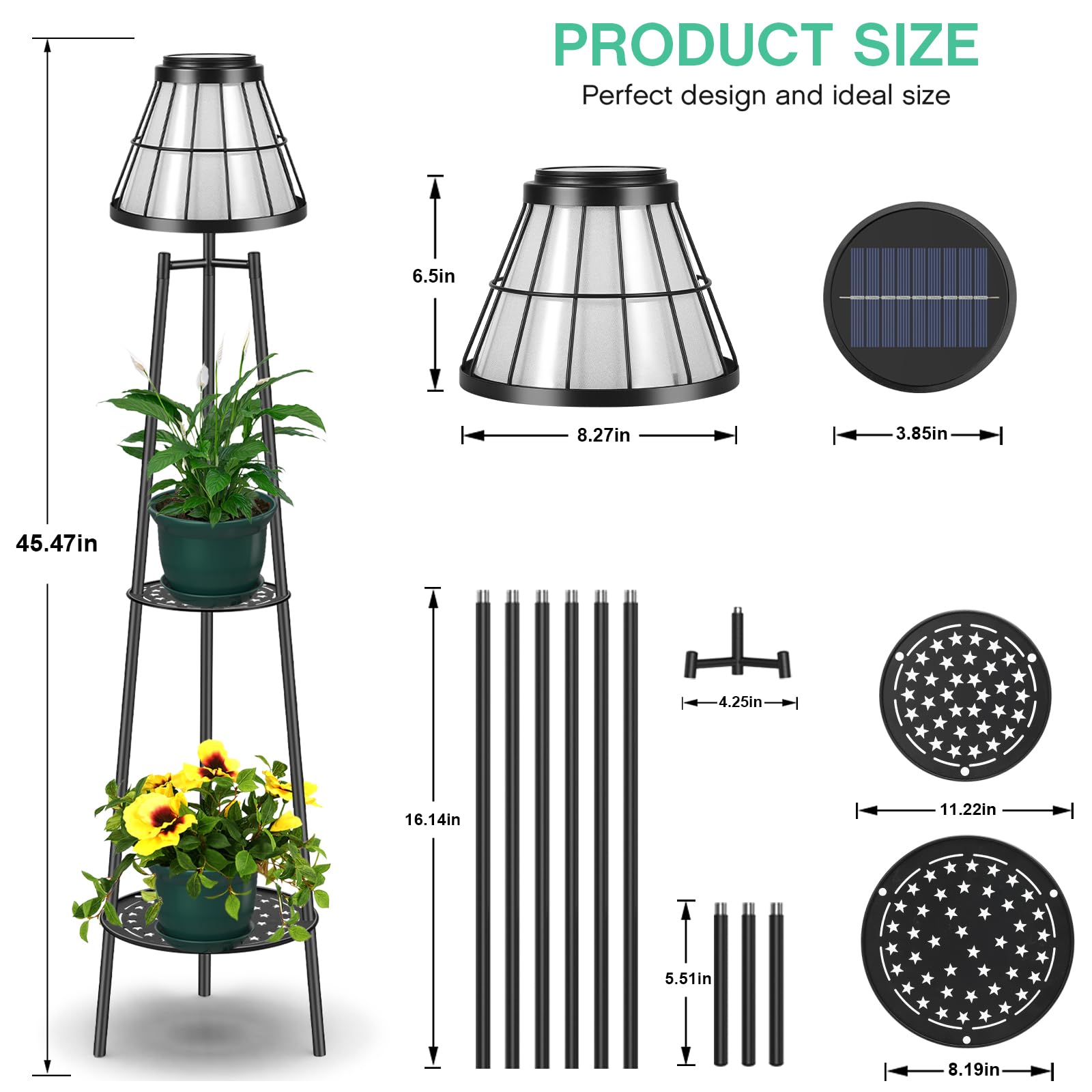 Visflair 2 Pack 45.5'' Outdoor Floor Lamps With 2 Tier Plant Stand, Solar Powered Metal Waterproof Lights For Patio Deck Yard Ga