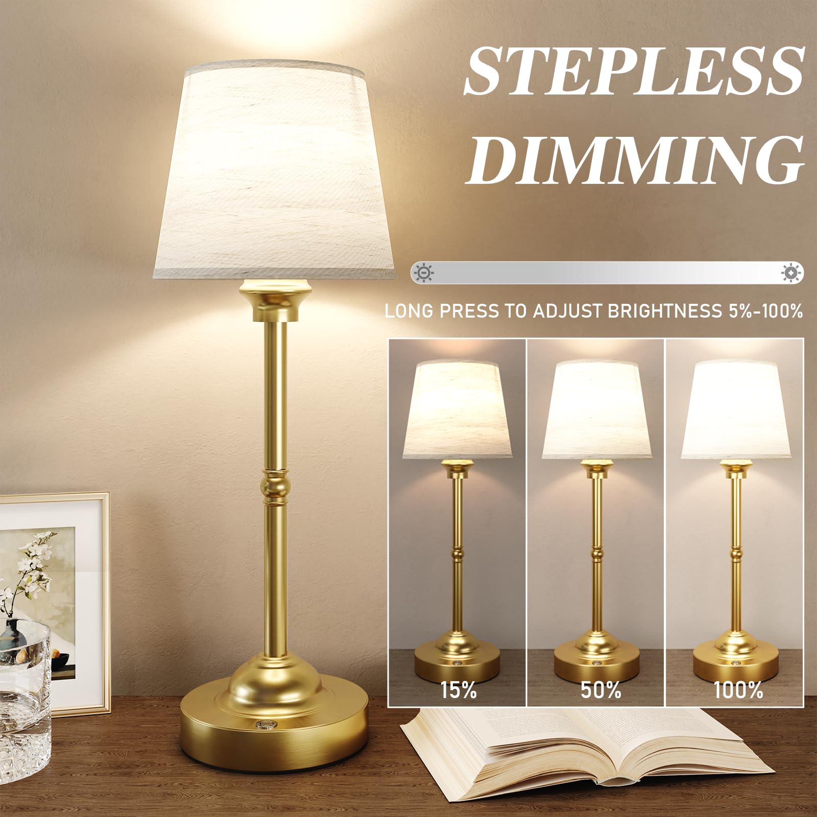 CHLORANTHUS Cordless Table Lamp - 3 Colors, Stepless Dimming, 6000mAh Rechargeable, Fabric Desk Lamp, White 1 Pack, Model 2 Pack