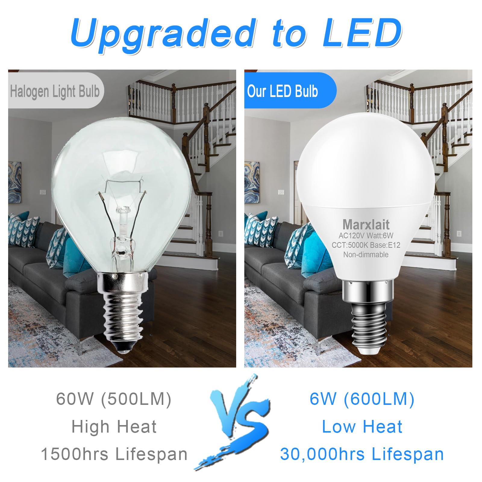 Marxlait 4 Pack E12 Ceiling Fan Light Bulbs, 60W Equivalent, Daylight White 5000K, Small Base Led Candelabra Light Bulb, Bright