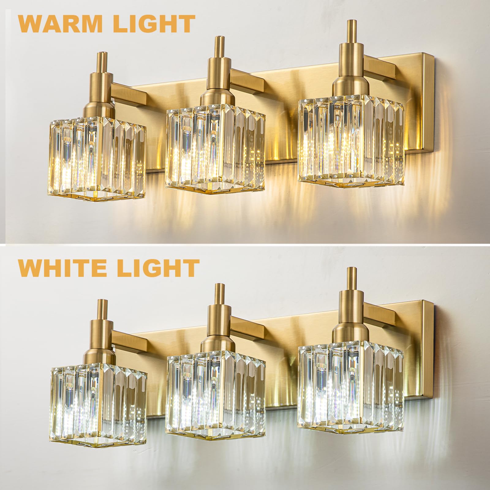 HUOKU Gold Bathroom Vanity Lights - 3-Light Modern Crystal Wall Light Fixture Over Mirror