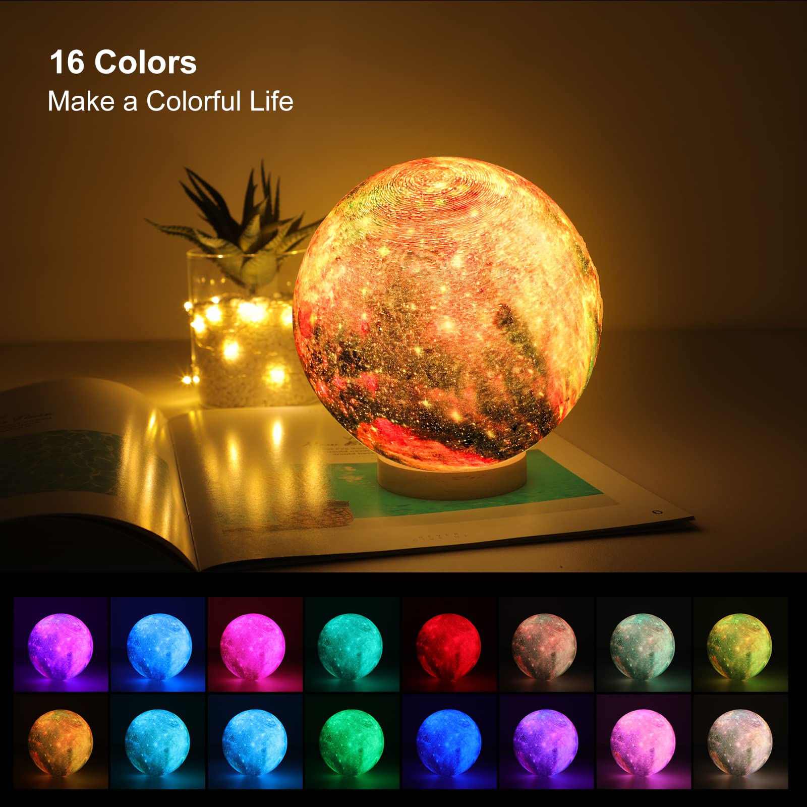 Uooea 3D Galaxy Ball Moon Lamp - 16 Colors Moonlight Globe Luna Night Light With Stand Remote & Touch Control Night Light Bedroo