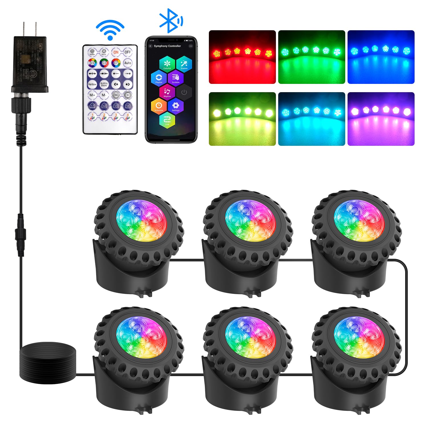 T-SUN LED Pond Light - Color Changing Submersible Fountain Light, APP Control, Waterproof, 6 Lights, RGB, Model TS-F2220-6H-RGB-DZ-BT-US