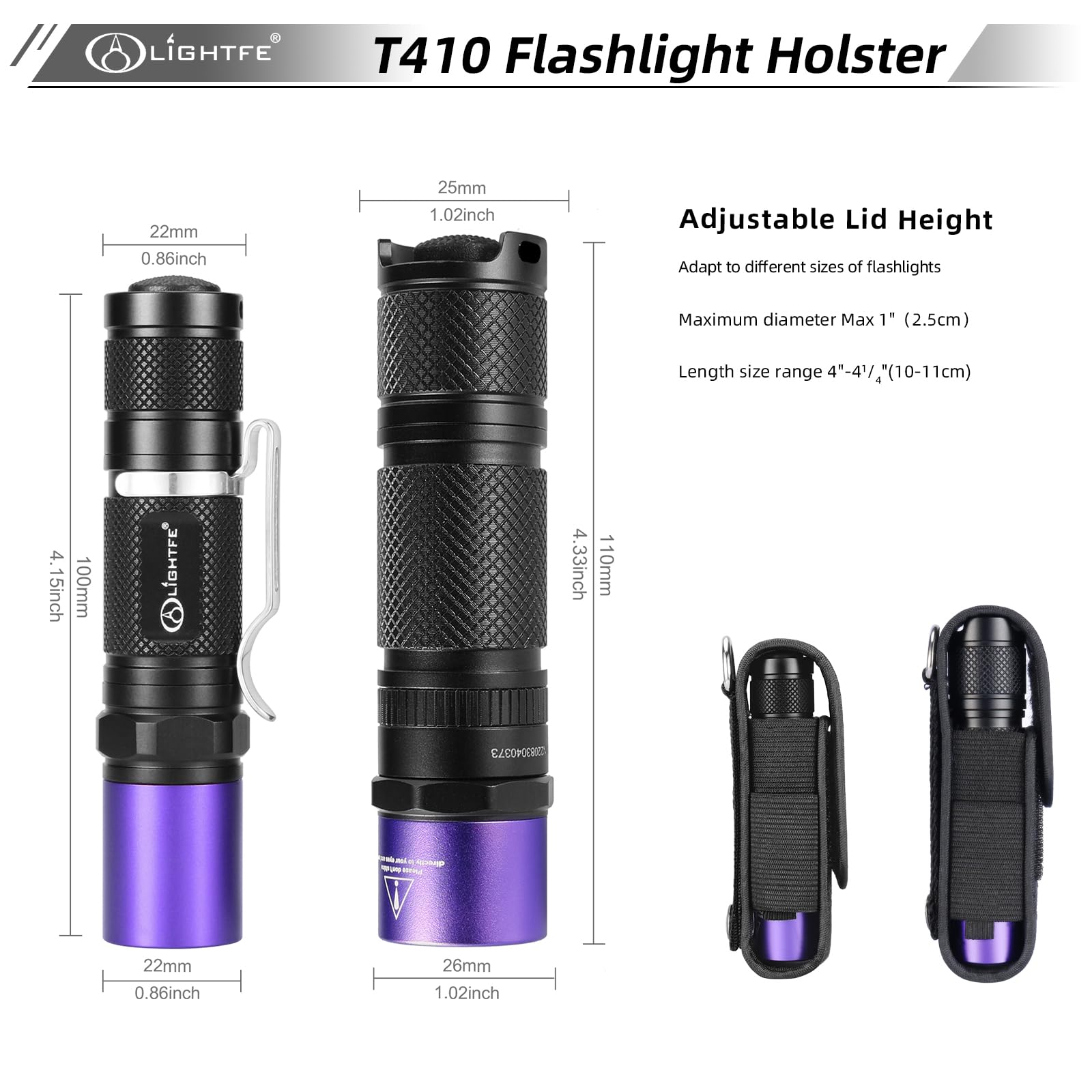 Flashlight Holster T410 Tactical Flashlight Holster Suitable For Flashlights With A Length Of 3.9 ''-4.3'' Or A Diameter Of 25Mm