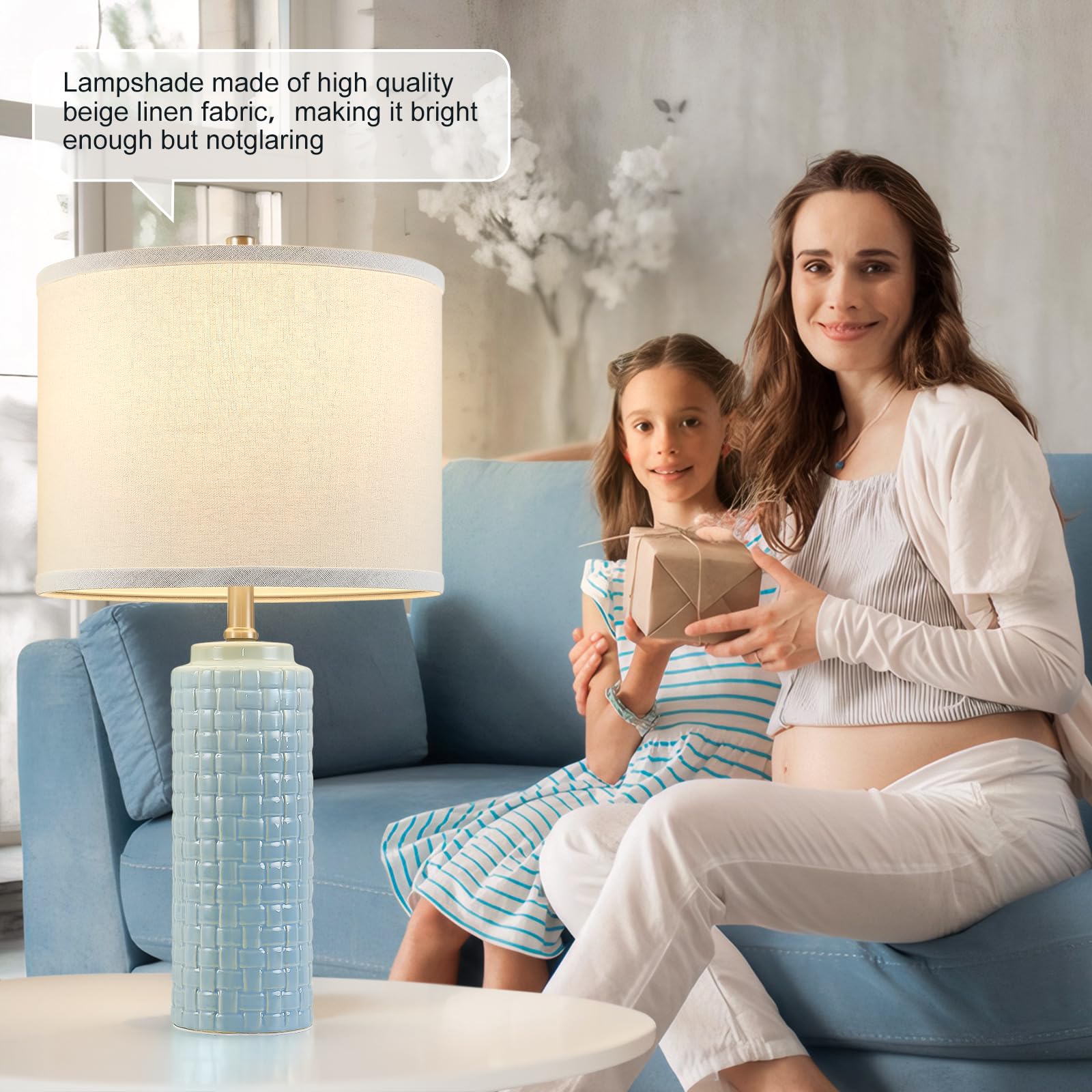 Luvkczc Modern Ceramic Bedside Lamps Set of 2, 24.8", Lake Blue, 3 Color Temperatures, Bulbs Included