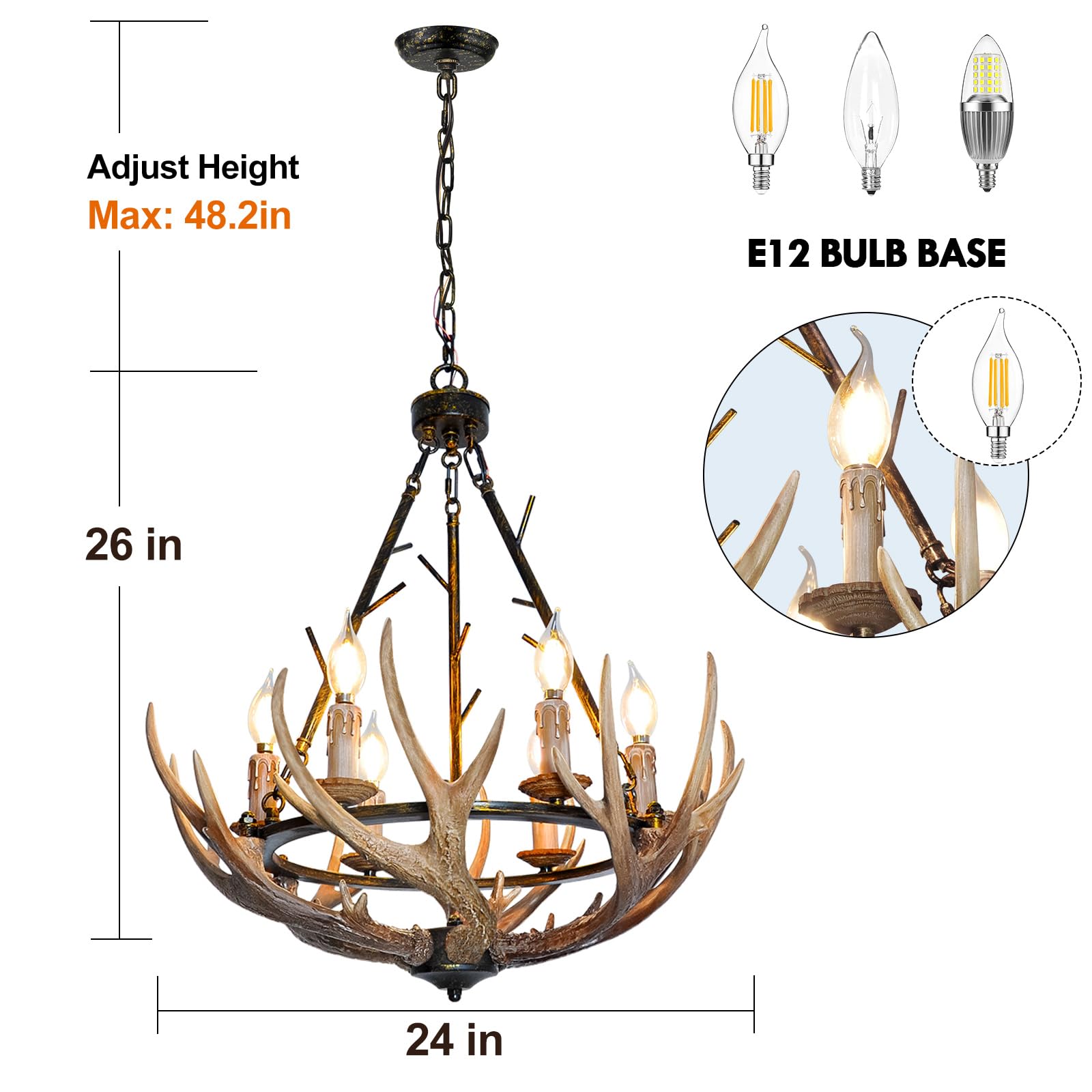 Debemenes Rustic Antler Chandelier 6 Lights, Vintage Farmhouse Style, UL Listed, Rustic Brown for Dining Room, Kitchen, Living Room