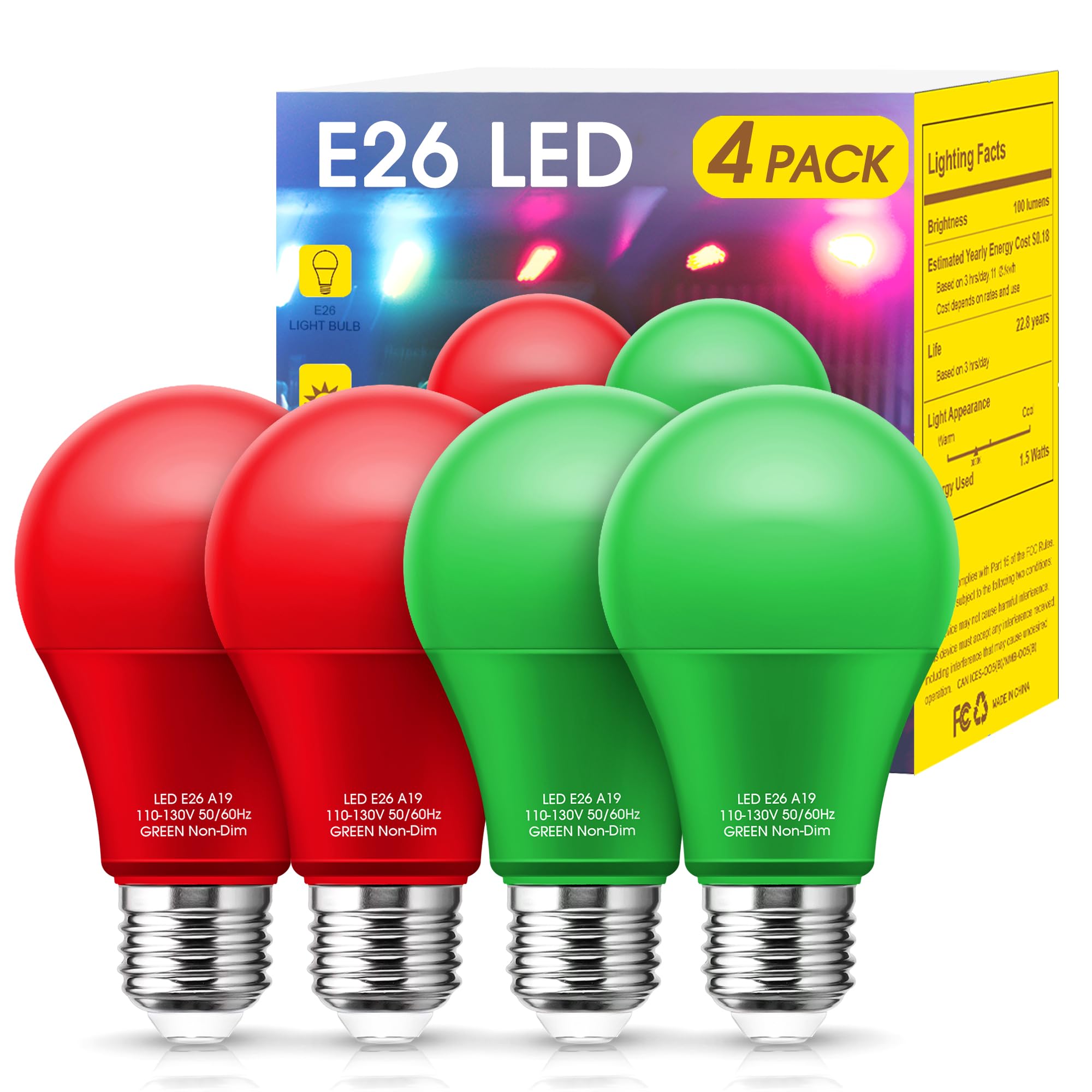 Woxeon Red Light Bulbs Green Light Bulbs [4 Pack] - A19 LED Red and Green Bulbs 9W (60W Equivalent) - E26 Base Colored Light Bul