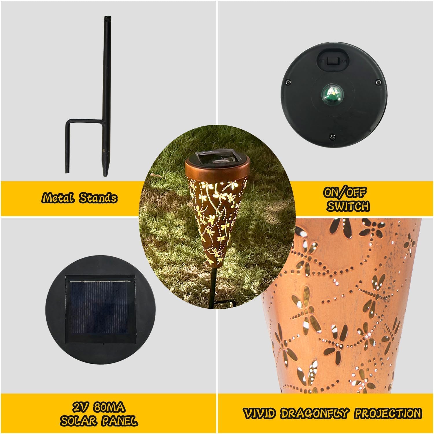 4 Pack Dragonfly Solar Garden Pathway Lights Outdoor,Metal Garden Decorations Outdoor Lights With Patterns And Warm Light,Waterp