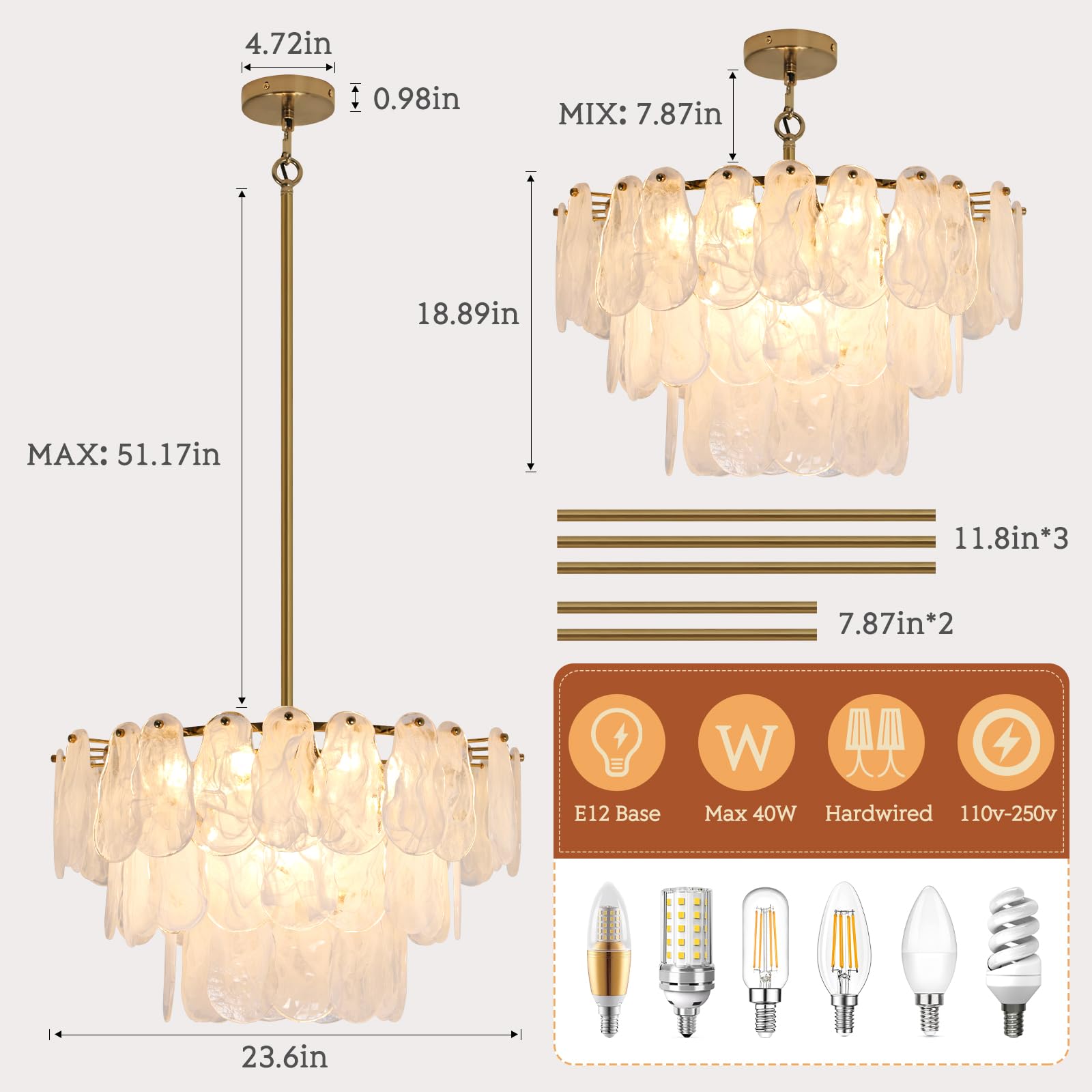 KELUOLY Modern Gold Chandelier, 17.7" Glass Light Fixture, 6-Light Round Ceiling Pendant for Bedroom, Dining Room, Living Room