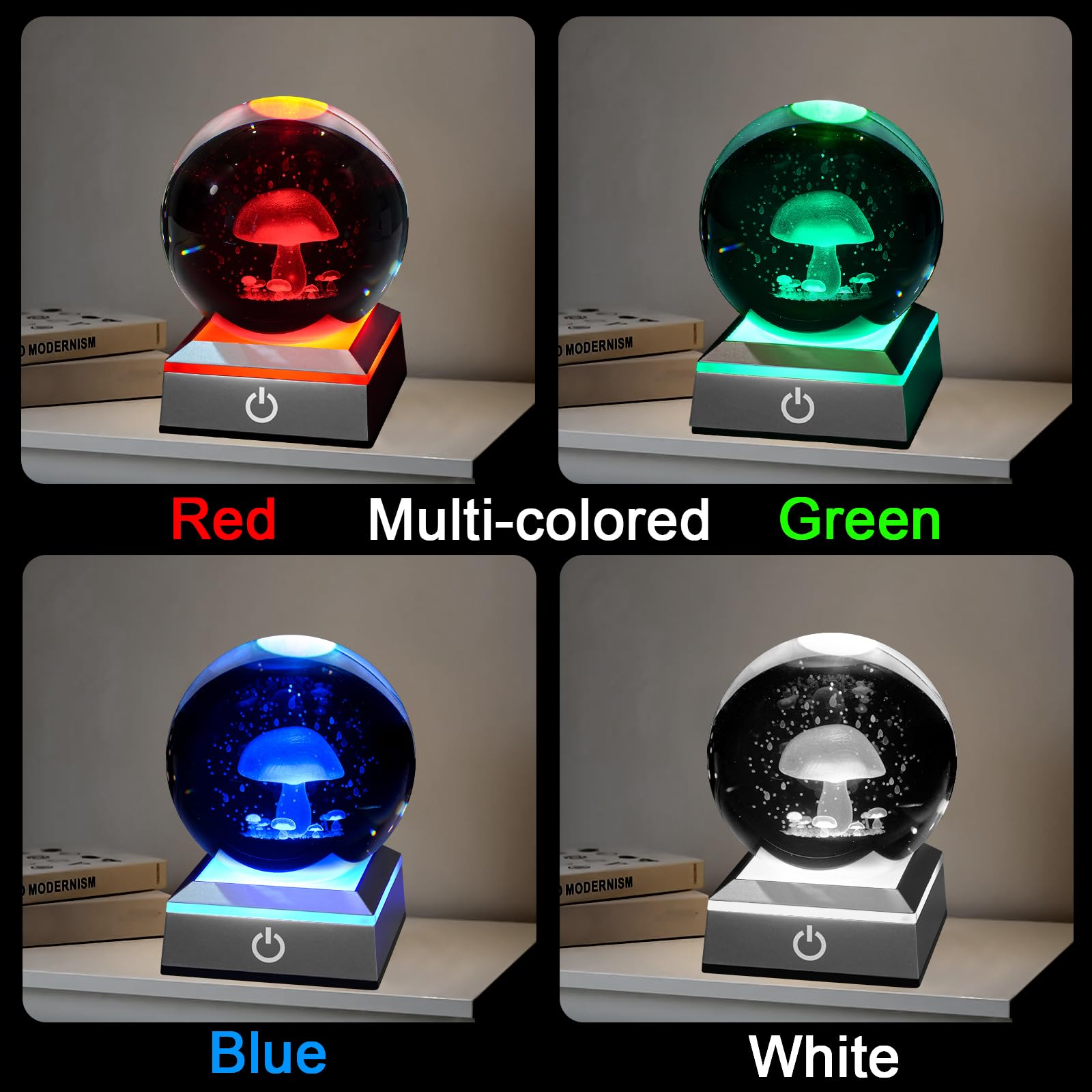 Eicxjui 3D Mushroom Crystal Night Light With Multicolor Led Base Glass Laser Engraved Mushroom Figurines Gifts For Boys Girls Lo