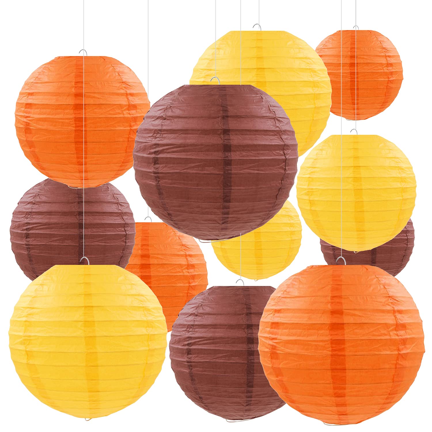 PheiLa 12 Pcs Fall Paper Lanterns Thanksgiving Decorations Yellow Orange and Brown Paper Lanterns Autumn Decorative Round Hangin