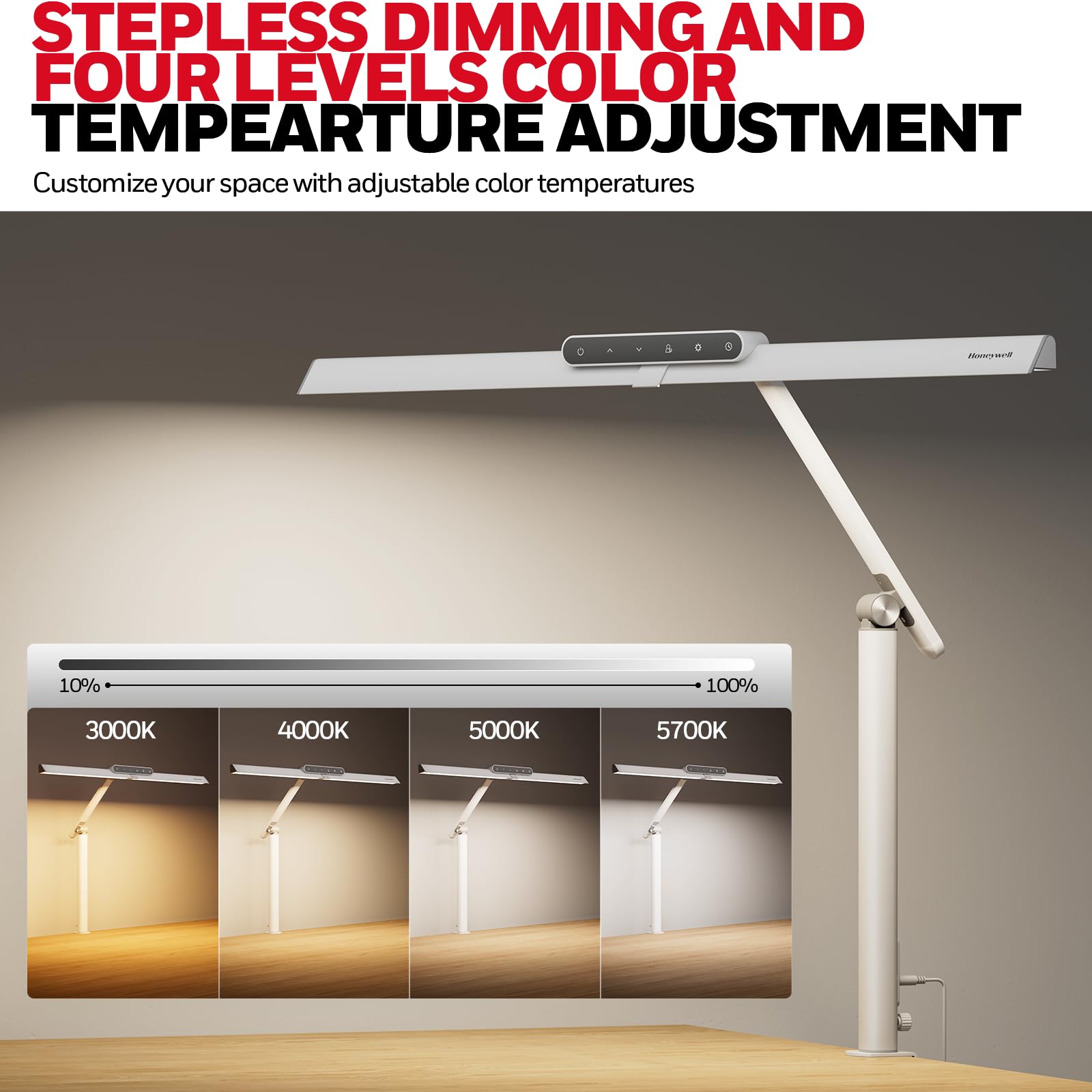 Honeywell LED Desk Lamp - HJ1, 1200LM, Eye-Caring, Stepless Dimming, Clamp Design, 17.5x59.99x94.99 cm,