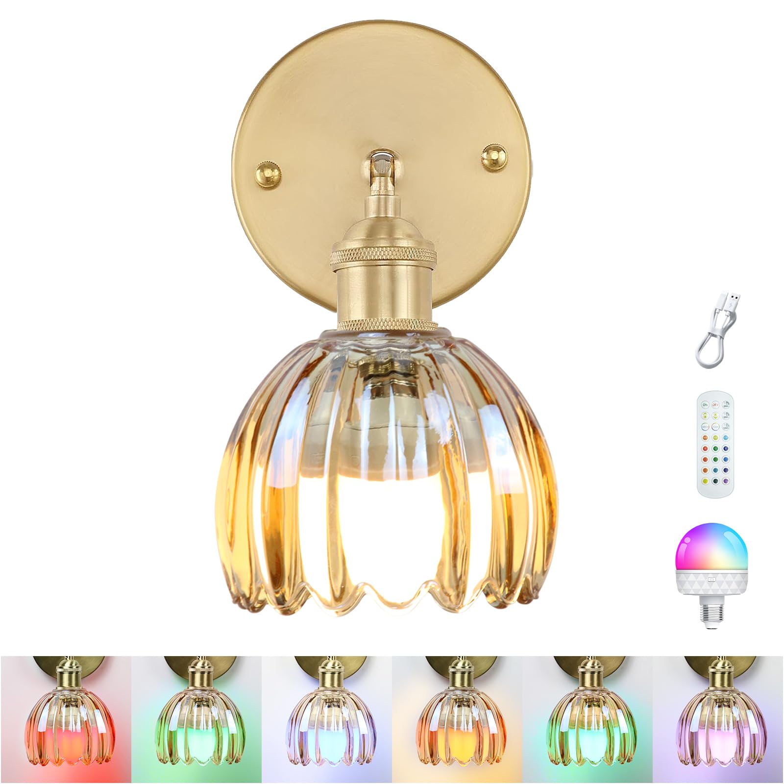 GEEZO Vintage Wall Sconce, Rechargeable Battery Powered Light with Remote Control, Tulip Amber, Model GEEZO-Y-6, 1 Pack