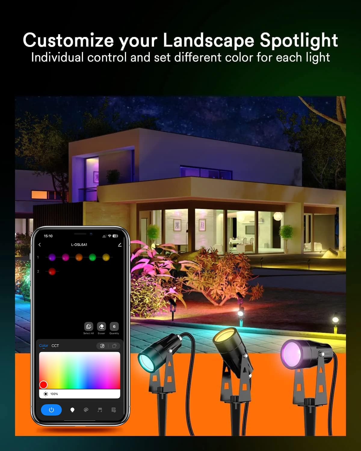 Lumary Smart Landscape Lights 56FT, 6 Pack RGBAI Waterproof LED Spotlight, App/Voice Control, Model GI56A-1