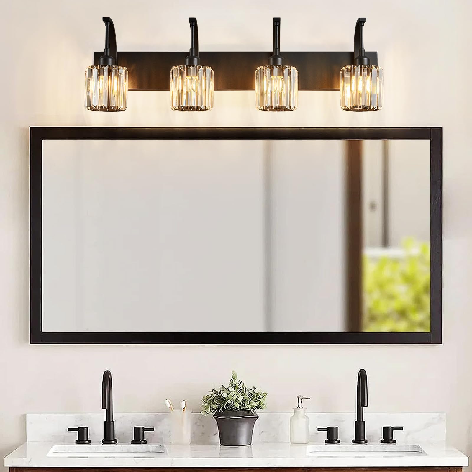 Fdpby 4-Light Crystal Vanity Light  Modern Black Bathroom Wall Sconce With K9 Crystal Shades  32.67 Long Over Mirror Lighting For Vanity  Makeup  Hallway  Elegant & Easy Install