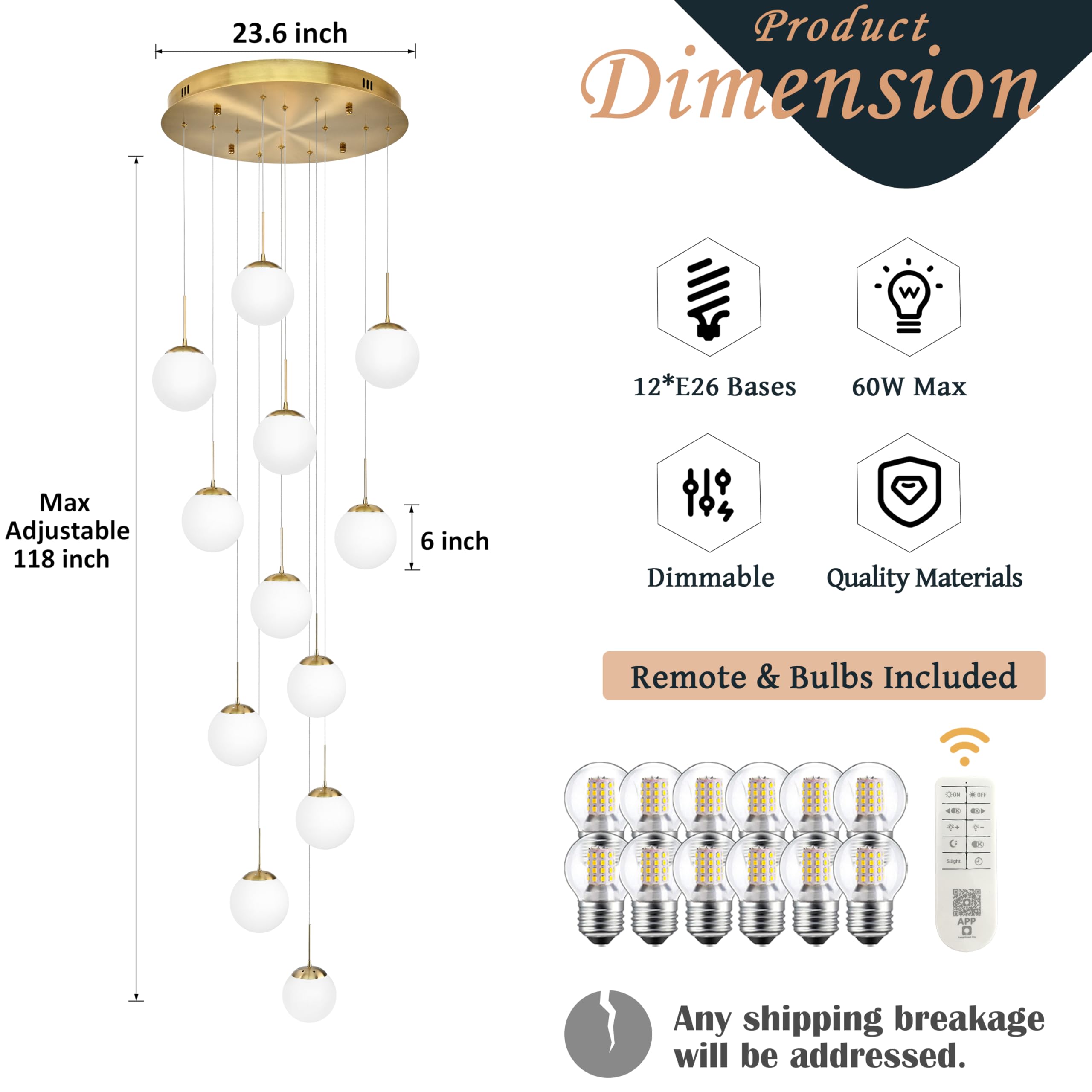 Koko&Yukina 12-Light Gold Mid Century Modern Chandelier For Living Room Staircase Chandelier For Entryway Globe Milky White Glas