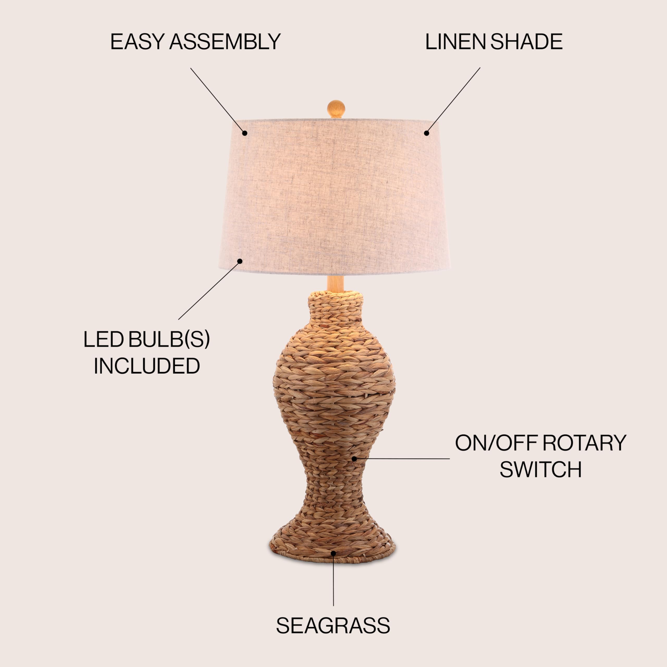 JONATHAN Y Elicia 31" Seagrass Weave LED Table Lamp Natural - Coastal Cottage Nightstand Lamp for Bedroom, Living Room, Office, Model JYL1015A