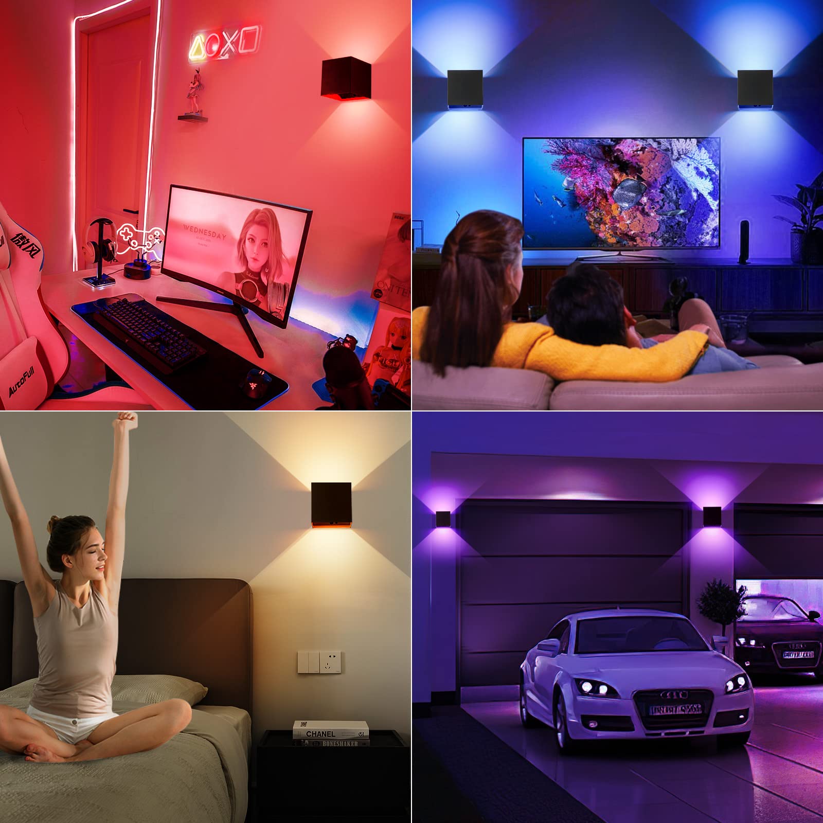SURPALIG RGB Wall Sconces Set of 2, LED Cordless Dimmable Lights, 16 Colors, Rechargeable, Black