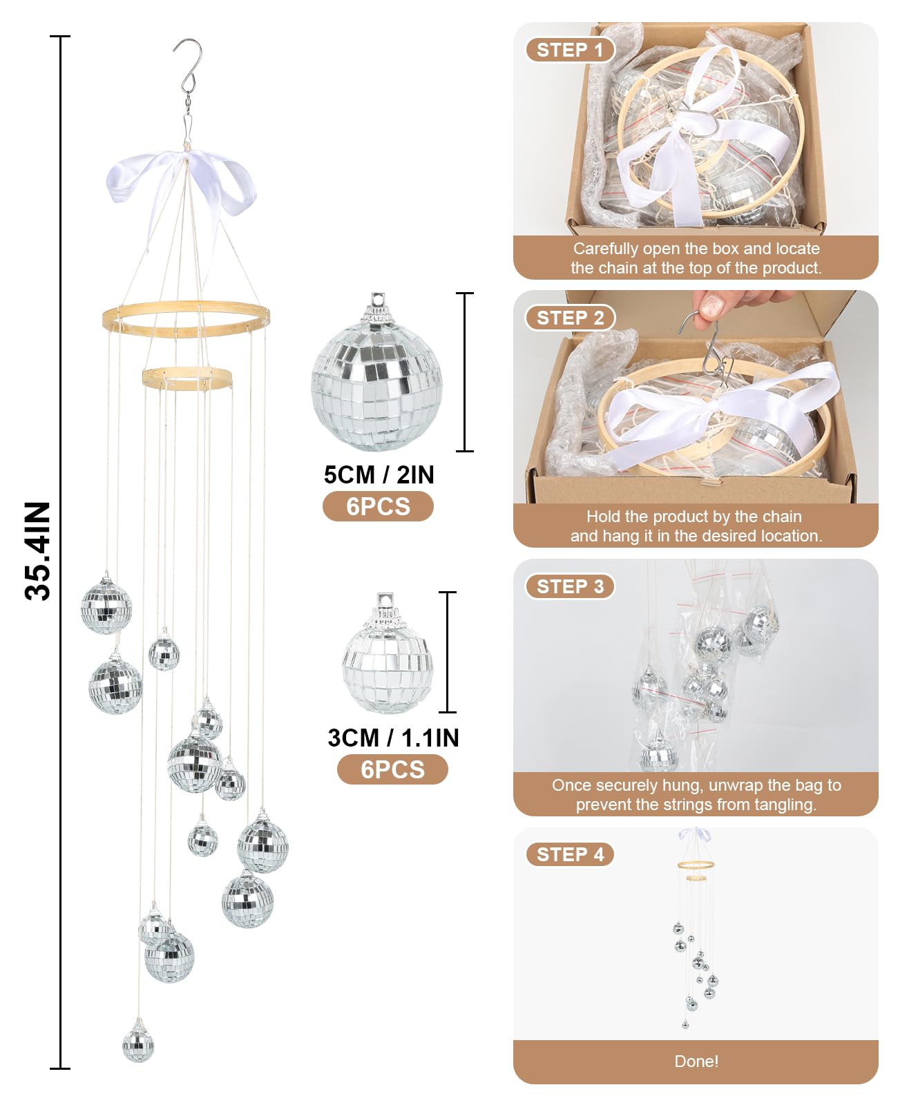 AceList Disco Ball Decor Sun Catcher, Handmade 35 Inch Double-Spiral, 12 Balls, Indoor Use, Big Ball, Model GZ-HM020SV-FBA