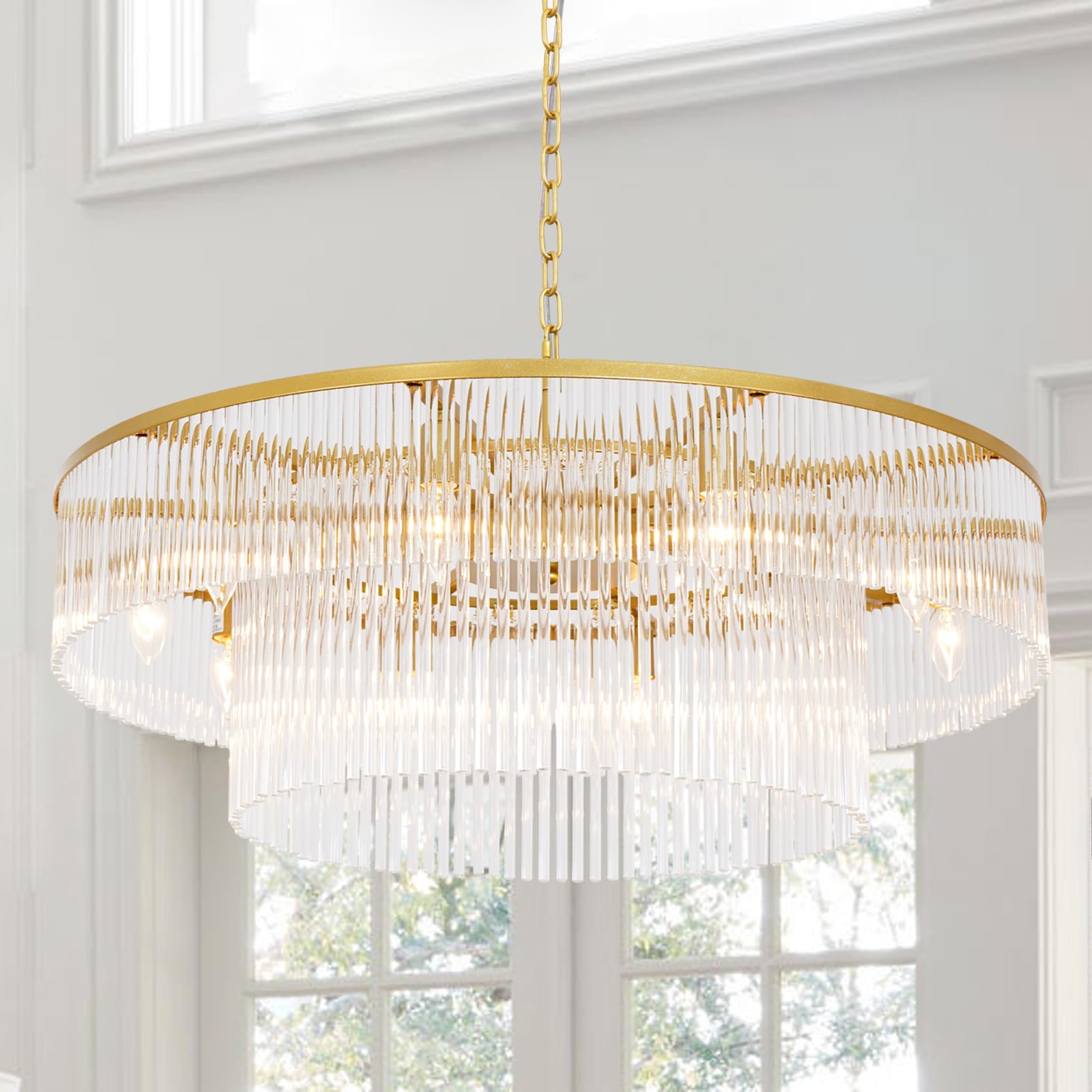 Akeelighting Gold Glass Chandelier Lighting Modern, 10 Light 2 Tier High Ceiling Chandelier Fixture Foyer Dining Room Ceiling Ha