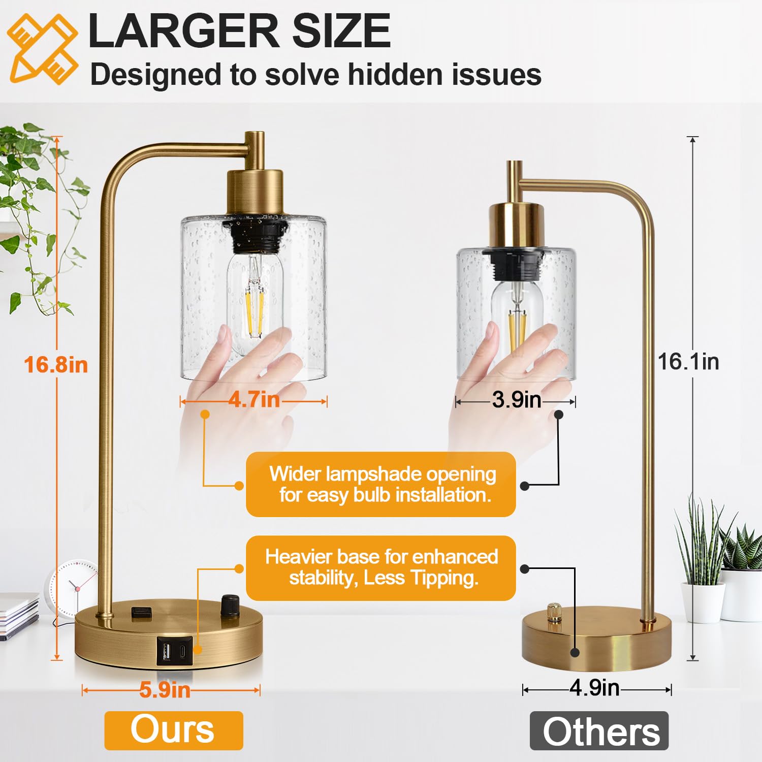 Set Of 2 Industrial Table Lamps With 2 Usb Port, Brass Fully Stepless Dimmable Bedside Lamps For Bedrooms, Nightstand Desk Lamps