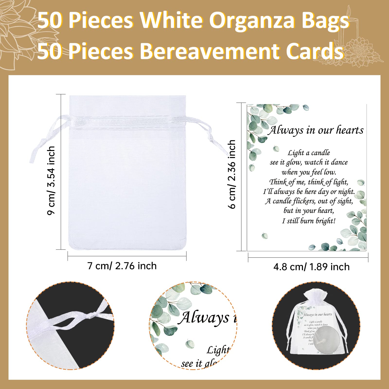 Coume 50 Set Unscented Tealight Candles with Organza Bags & Cards - White Memorial Party Favors for Celebration of Life