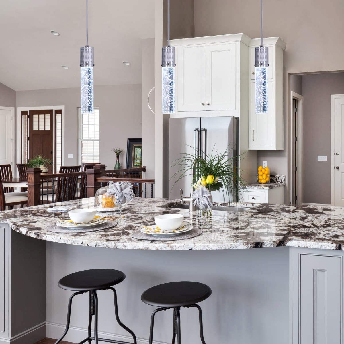 3 Lights Independent Kitchen Island Dining Room Light Pendant Light Fixtures Bubble Crystal Chandeliers Modern Kitchen Island Lighting Chandeliers Fixtures Led Lampara, 6000K Led Bulbs Included