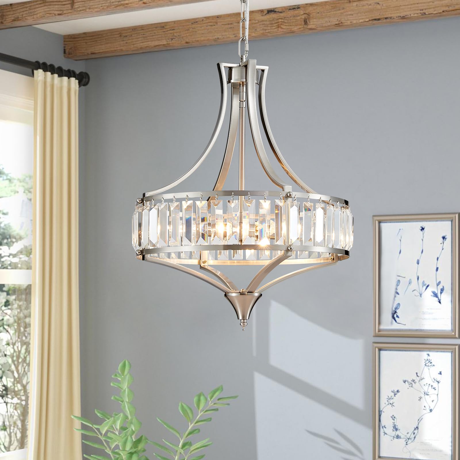 Majhoiw Crystal Chandeliers for Dining Room, Round Rustic Farmhouse Chandelier, Metal Shade, 4-Light Modern Brushed Nickel Chand