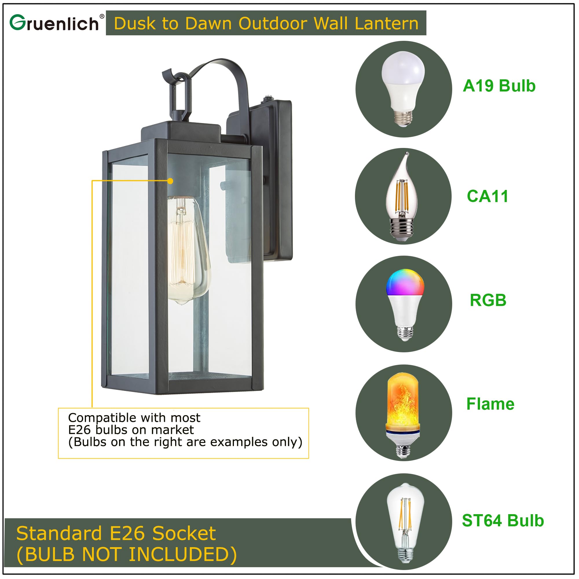 Gruenlich Dusk To Dawn Outdoor Wall Lantern, Wall Sconce For Porch Lighting Fixture, E26 Base Max 60W, Metal Housing Plus Glass,