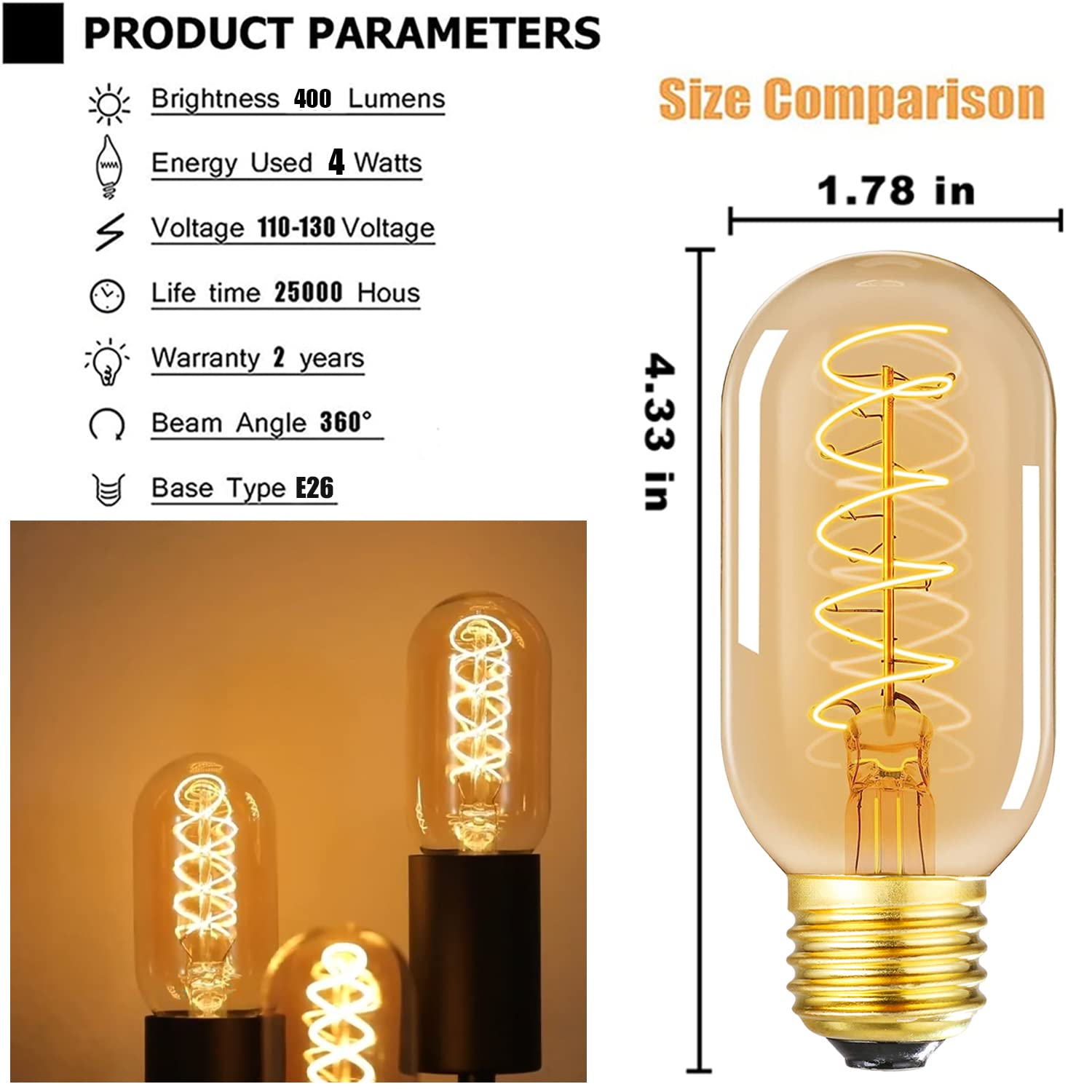 Vintage Led Spiral Filament Bulb T14, E26 Base, 4W Equivalent, 40W Warm White, 2200K, Dimmable, Ac120V, 400Lm, Amber Glass, Pack
