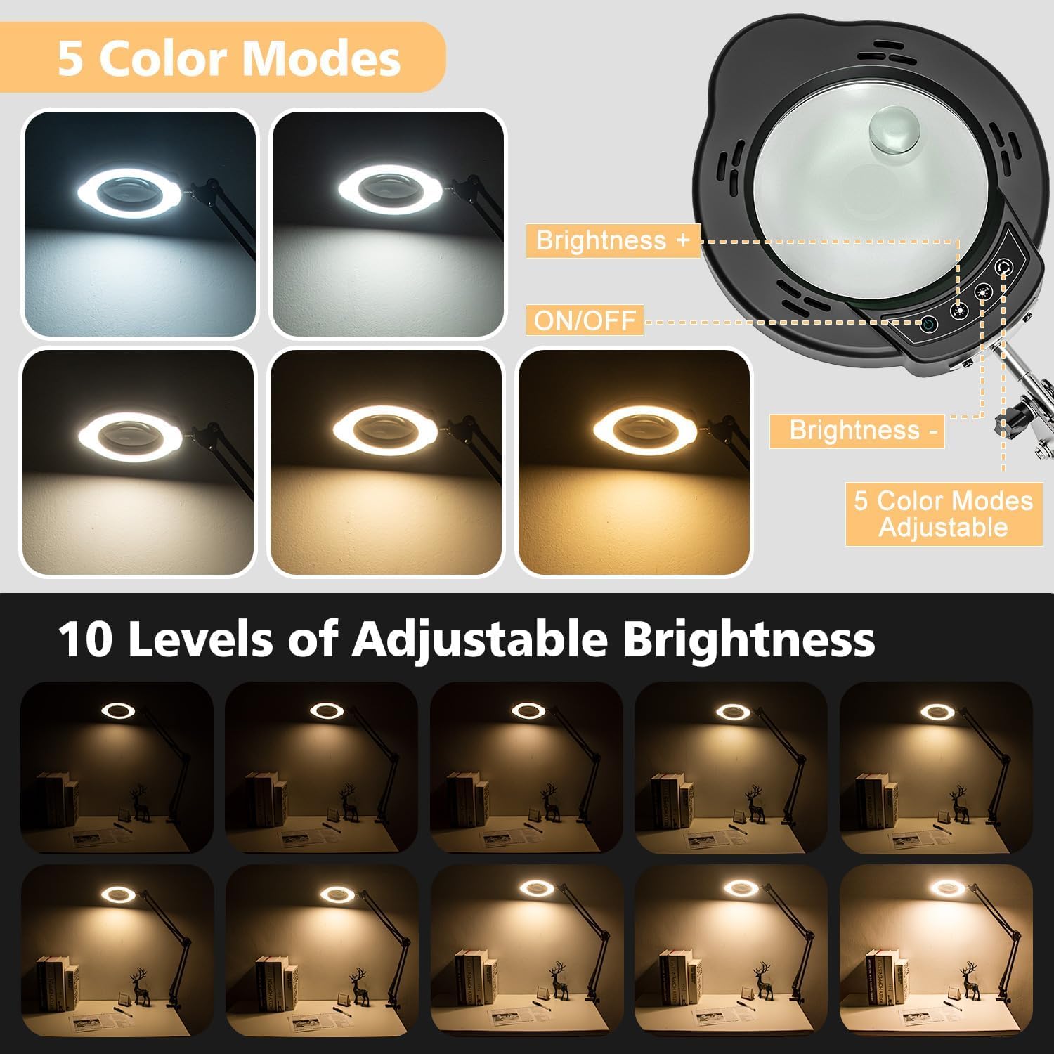 BAISHUN Magnifying Glass with Light, 15X 10X Lens, 84 LED, Adjustable Clamp, Black, Model CJX-111-US
