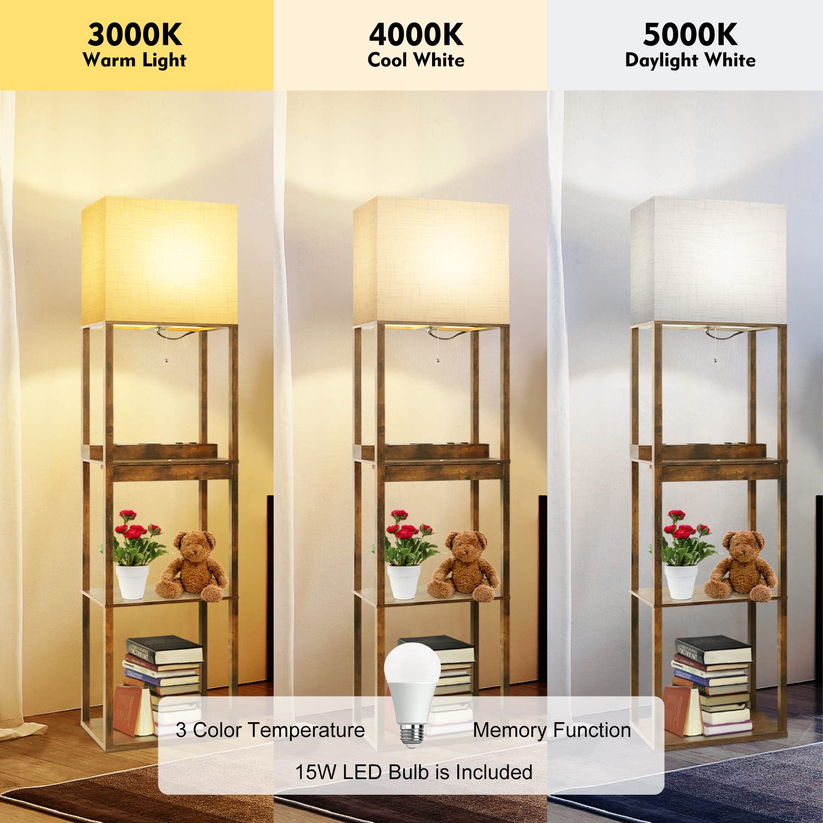 Runtop Floor Lamp With Shelves, Plus Shelf Lamp With Wireless Charger, 2 Usb Port And Outlet, 1 Drawer, 15W Led Bulb, 3 Colors,