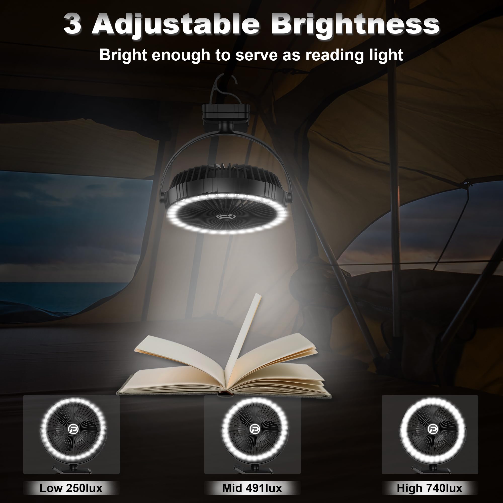 8-Inch Portable Camping Fan with Light, 10000mAh Rechargeable Battery Operated, 3 Speeds Cordless Clip on Table Fan with Hook &