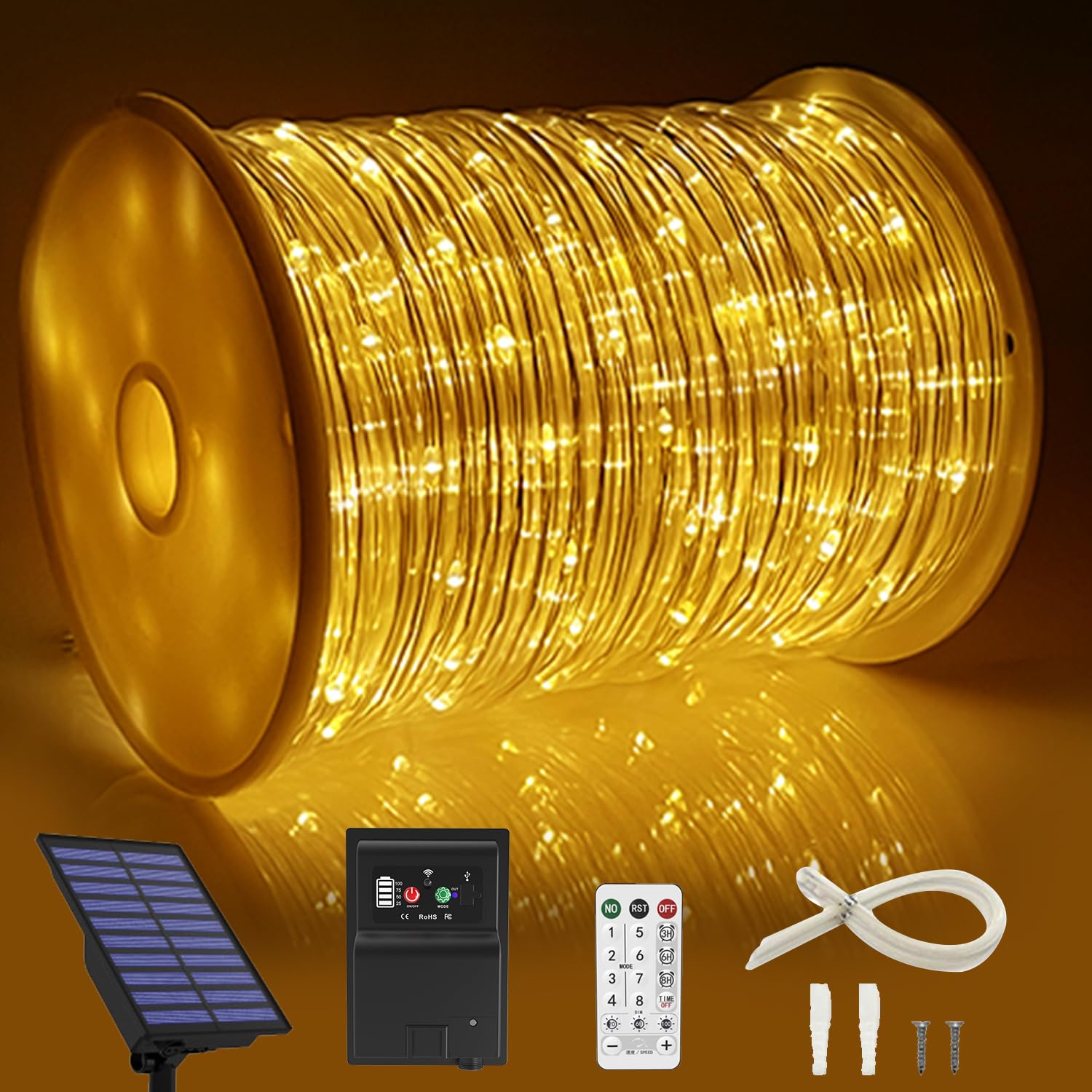 164 FT 1000 LED Rope Lights Solar Powered Waterproof String Lights 8 Modes Outdoor Tube Light Copper Wire Fairy Lights for Chris